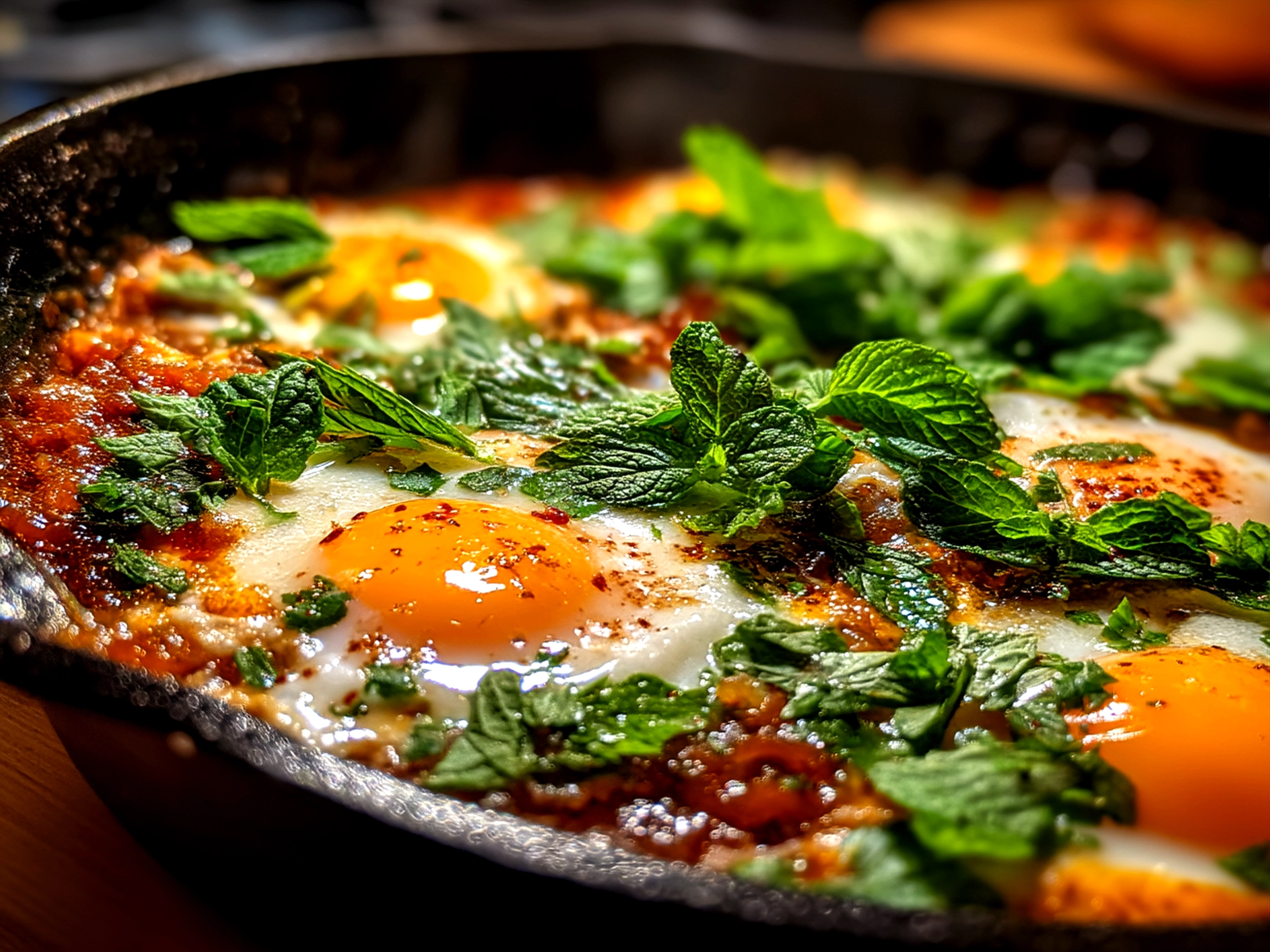 Spring Green Shakshuka served hot in a skillet ready to eat