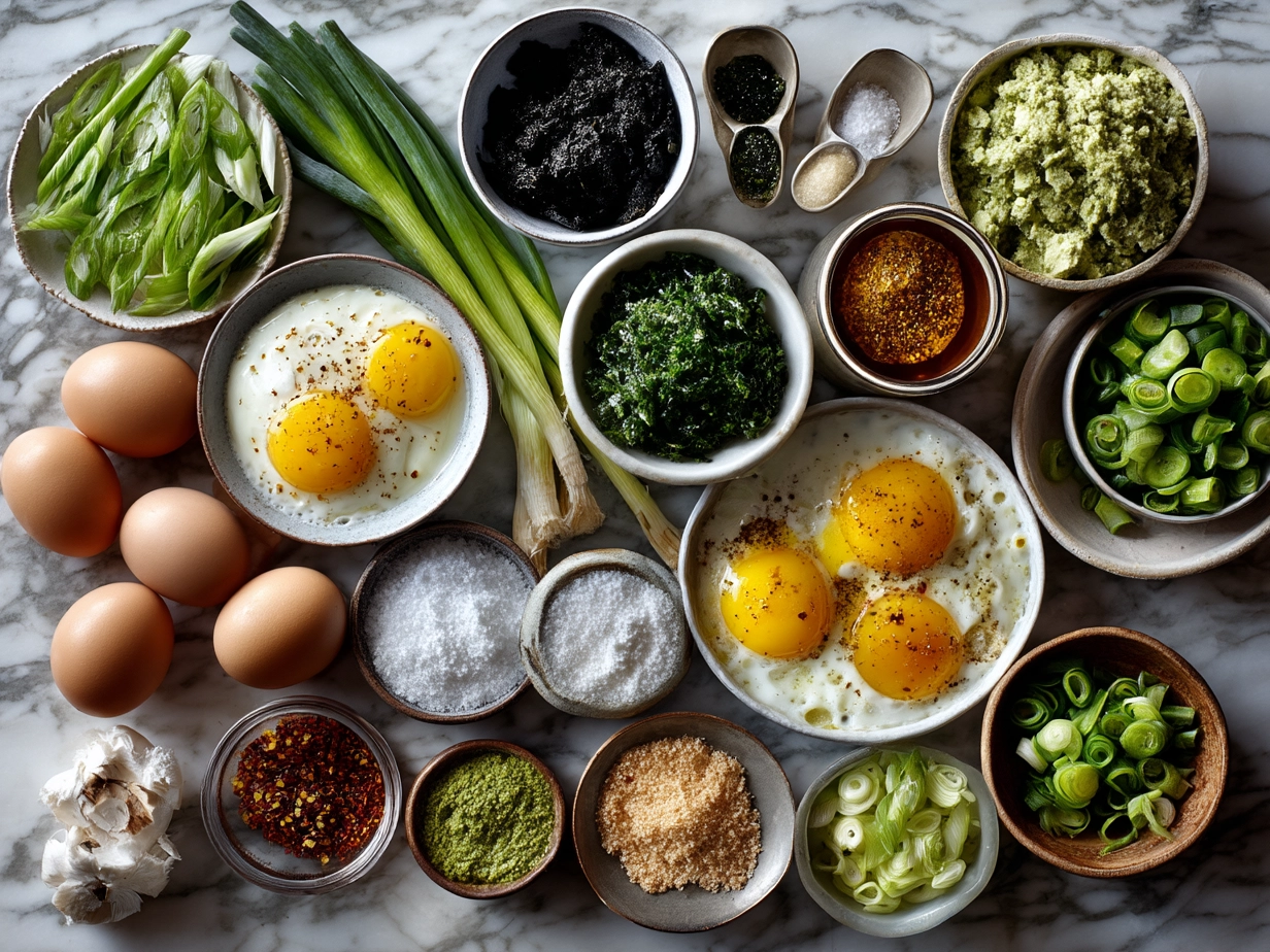 Fresh ingredients for Spring Green Shakshuka including spinach, herbs, zucchini, and eggs