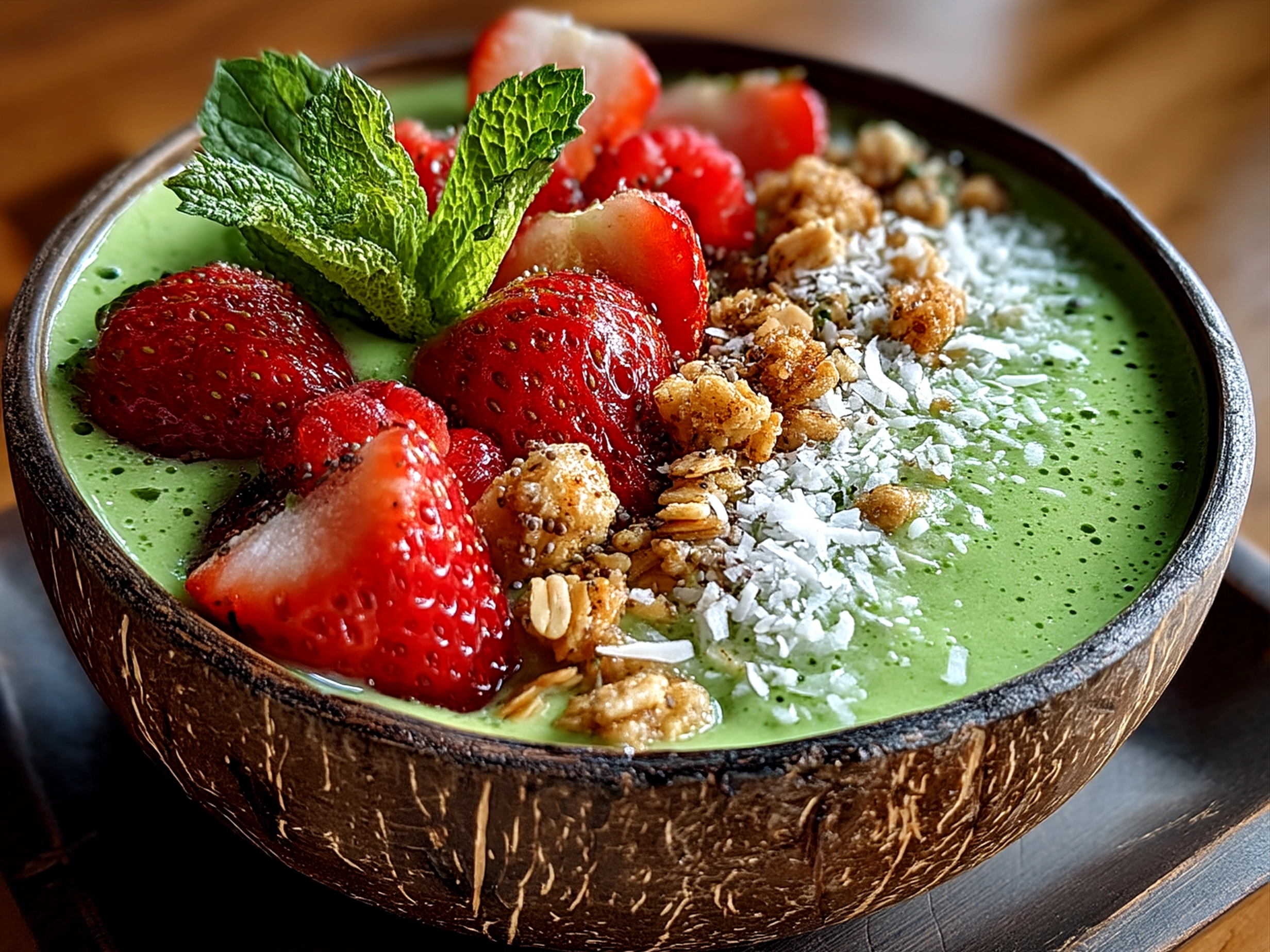 Spring Green Smoothie Bowl topped with fresh berries, granola, and pumpkin seeds ready to serve