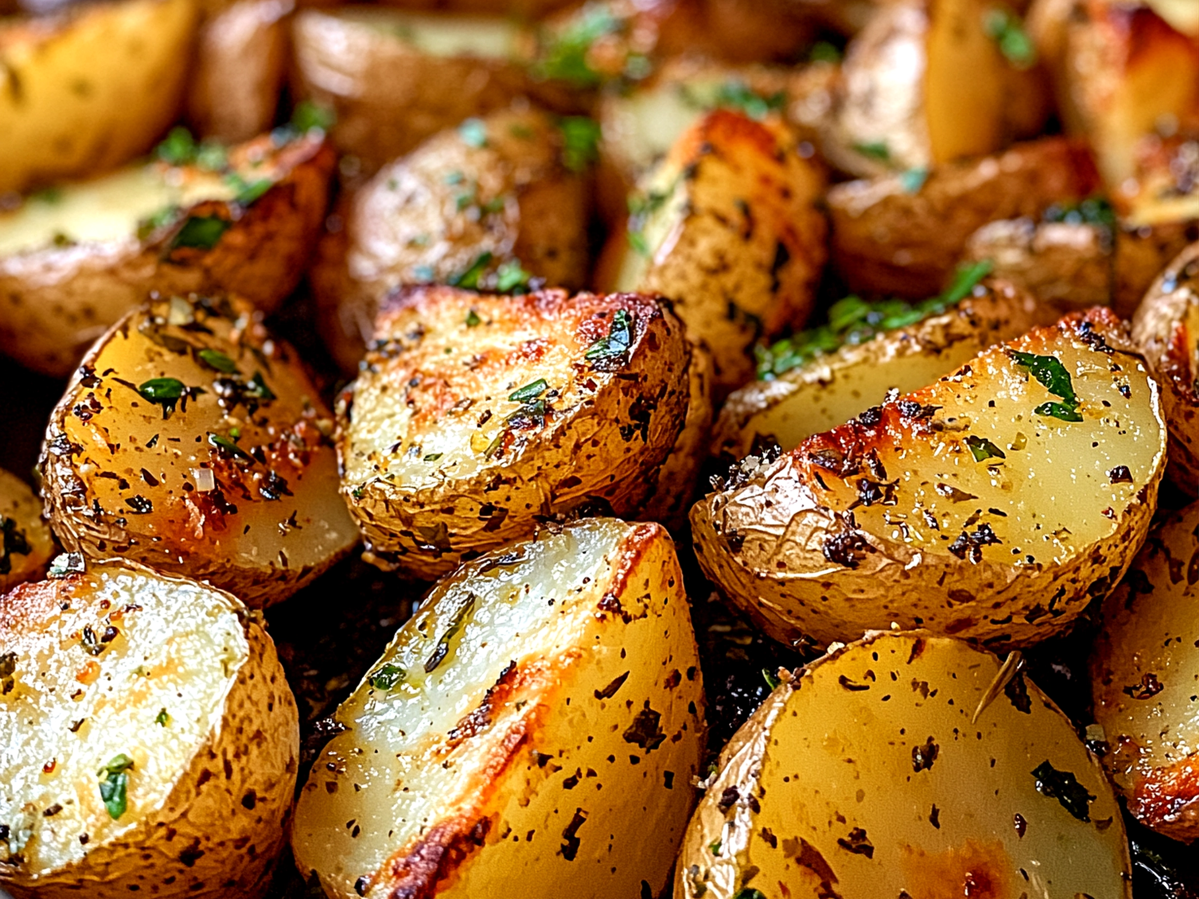 Serving Spring Herb Roasted Potatoes in a rustic bowl