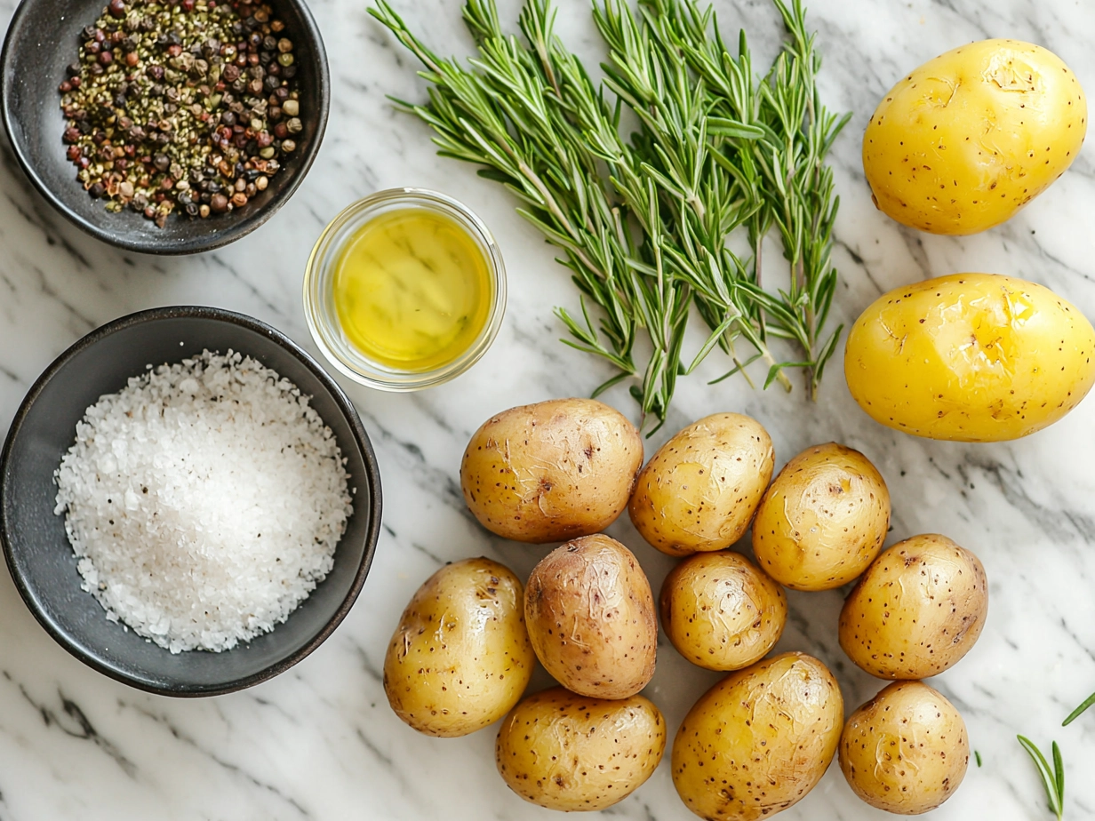 Ingredients for Spring Herb Roasted Potatoes including baby potatoes and fresh herbs