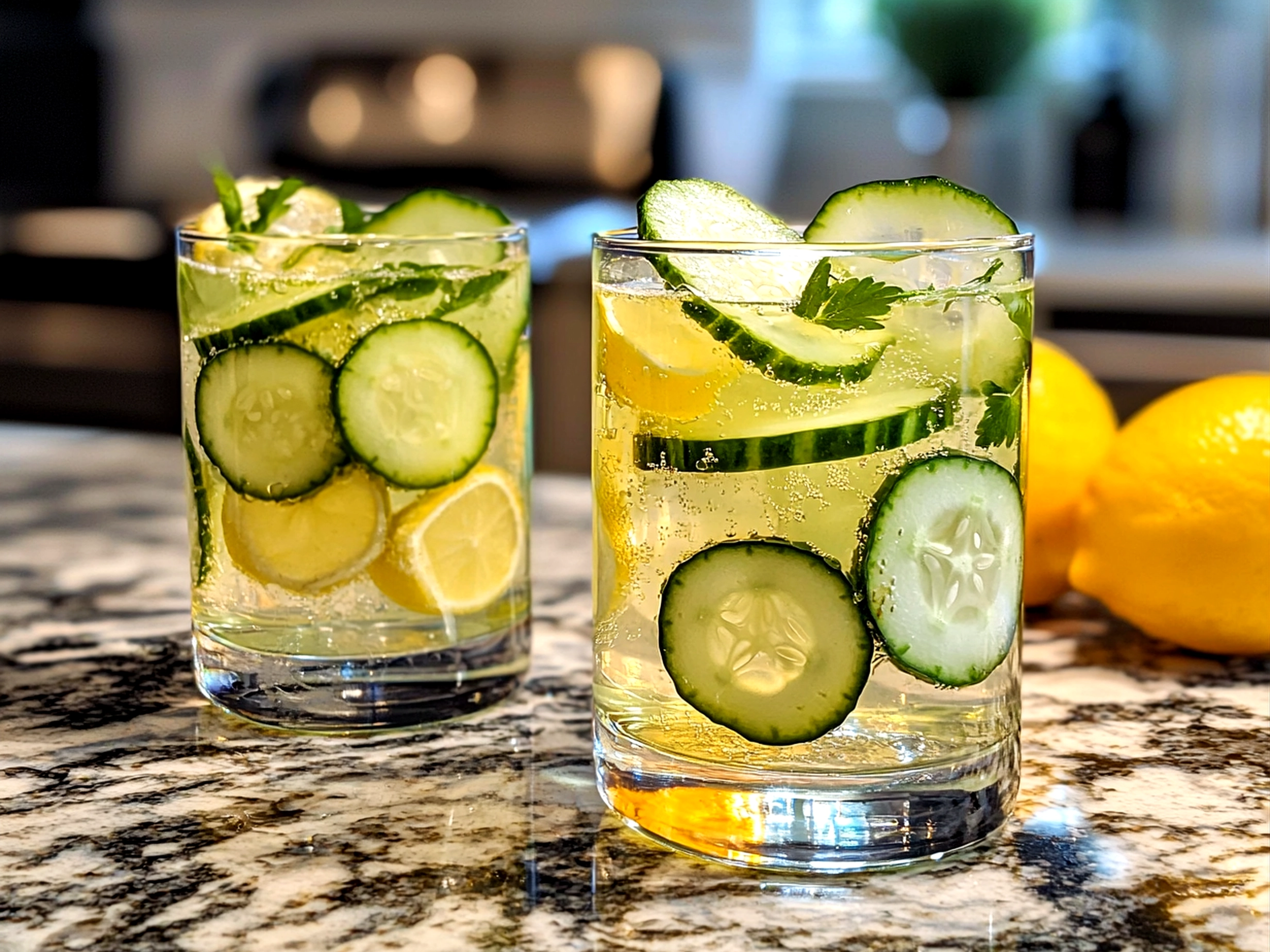 Cucumber Elderflower Spritz served in a glass with cucumber slices, mint, and lemon on a garden table