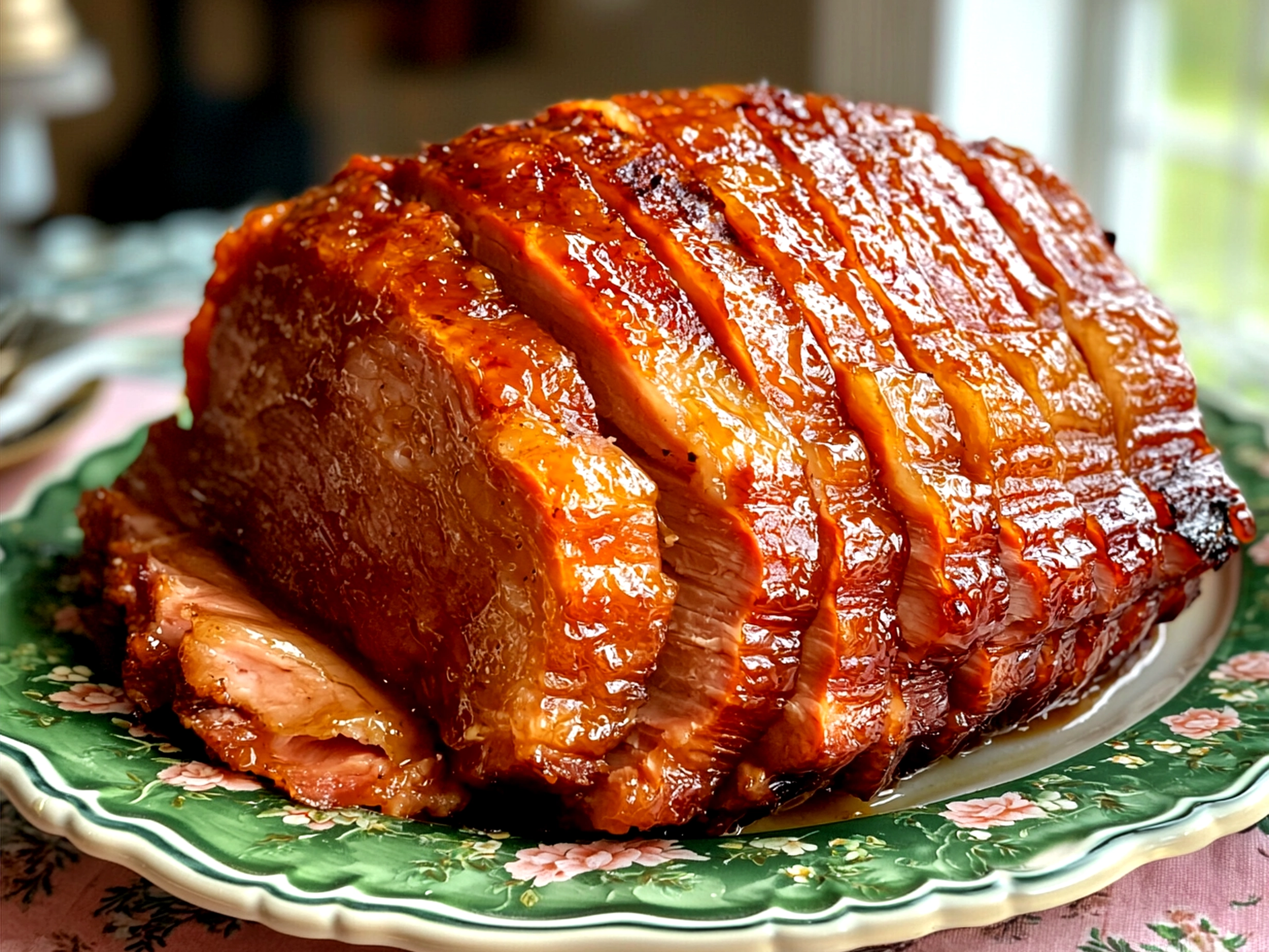 Fully cooked Honey Glazed Easter Ham ready to serve garnished with herbs