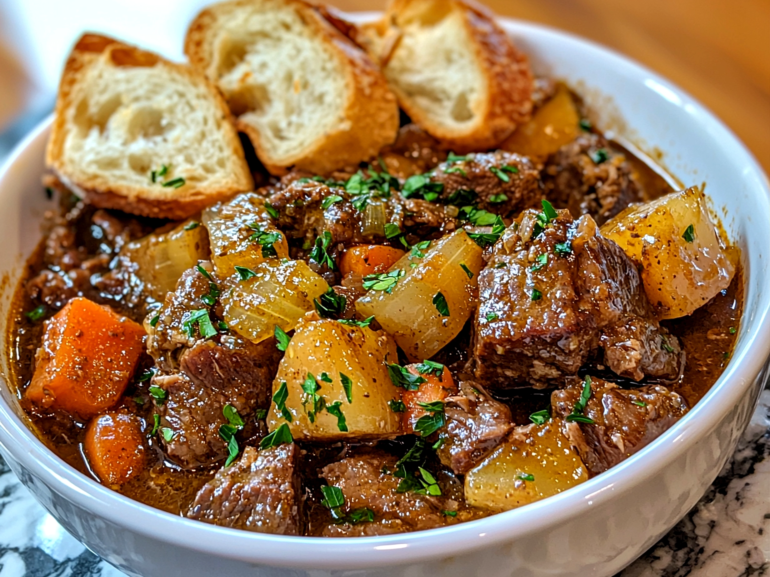 Served Guinness Beef Stew with Crusty Bread