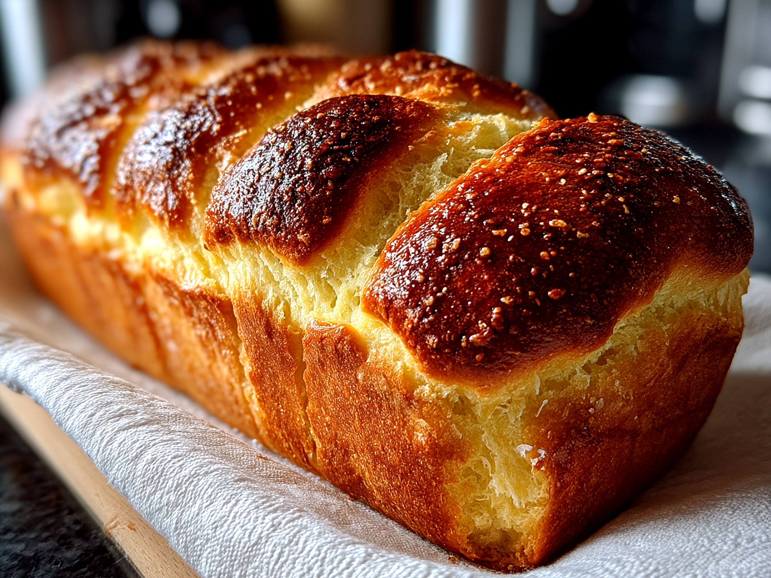 Freshly sliced sourdough brioche loaf served with butter and preserves