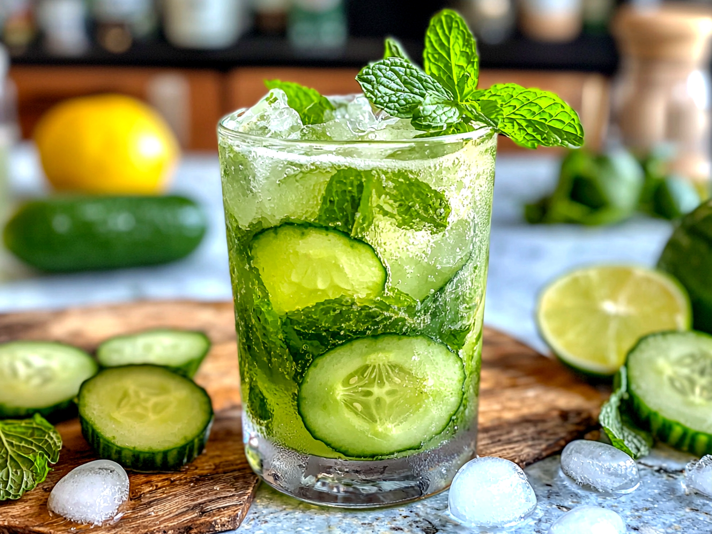Cucumber Mint Mojito Mocktail served in a glass with cucumber slice and mint garnish
