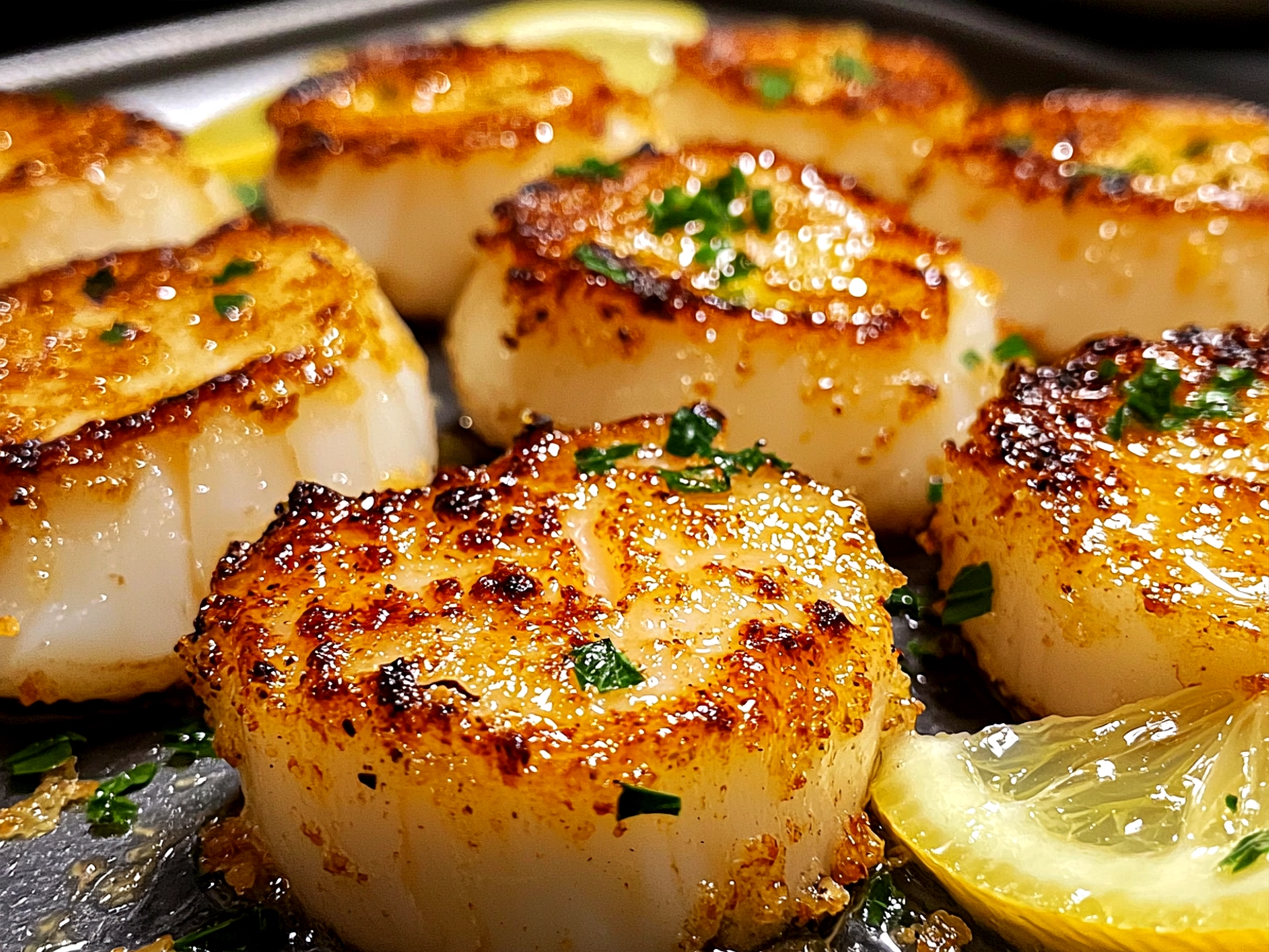 Serving suggestion of Lemon Butter Scallops plated beautifully with fresh greens