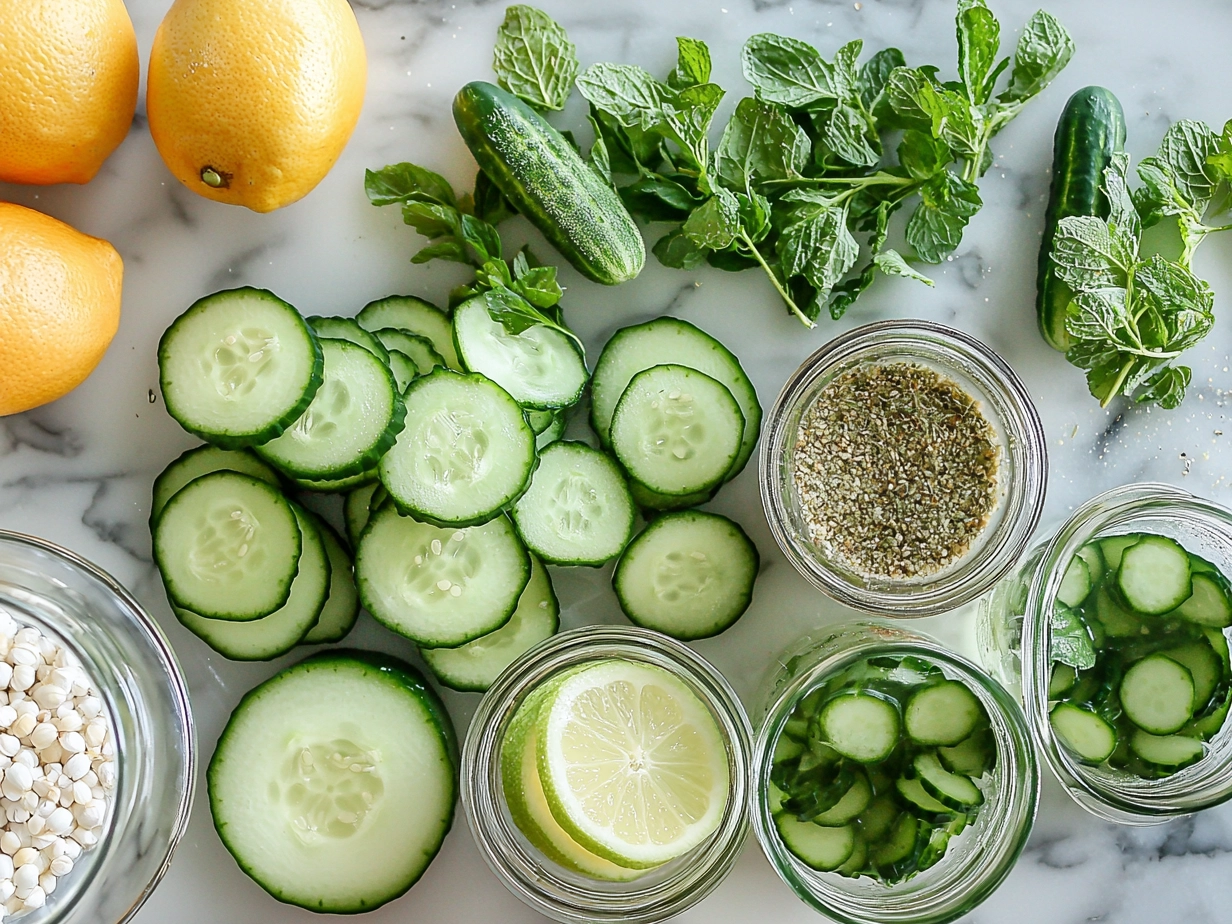 Ingredients for Cucumber Elderflower Spritz including cucumber, elderflower liqueur, sparkling water, mint, and lemon slices