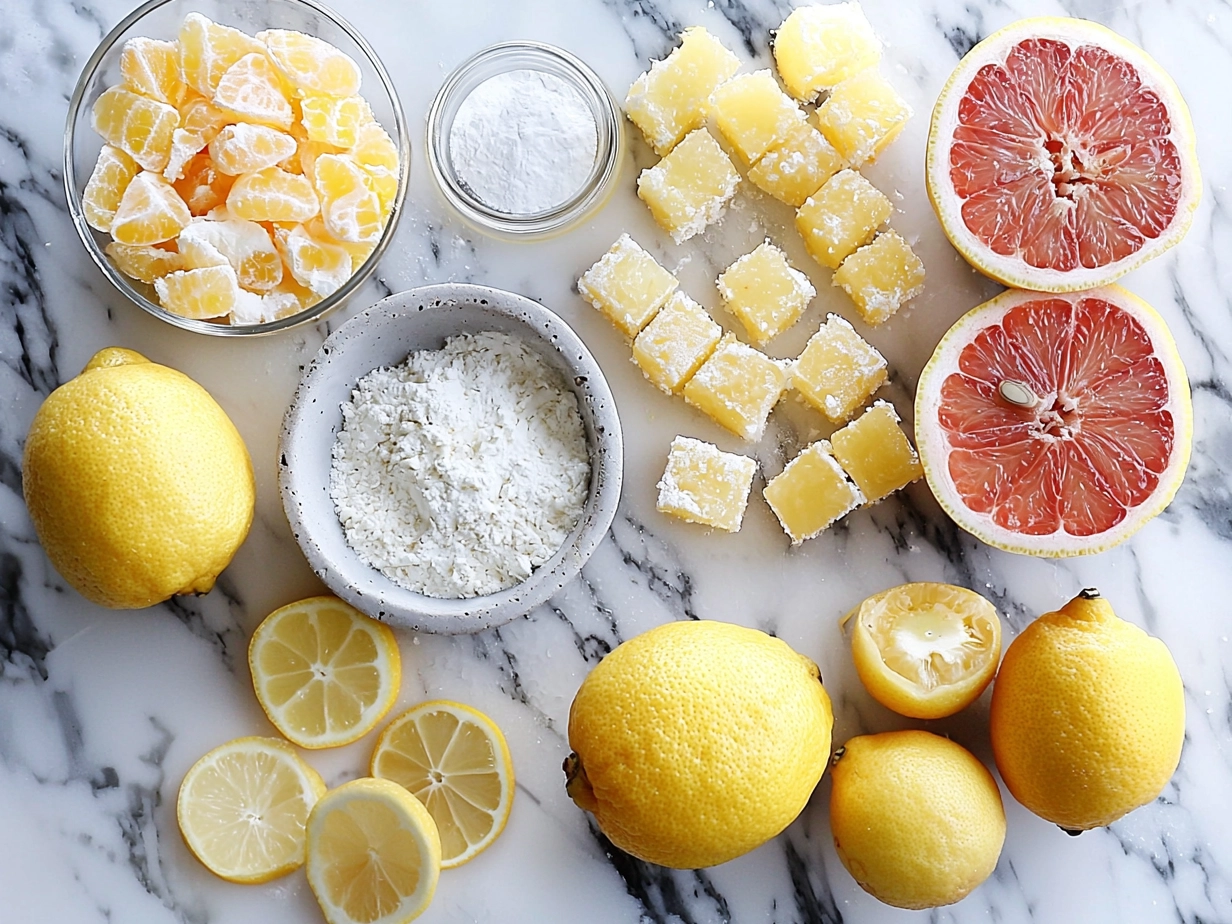 Ingredients for Spring Lemon Bars laid out on a kitchen counter