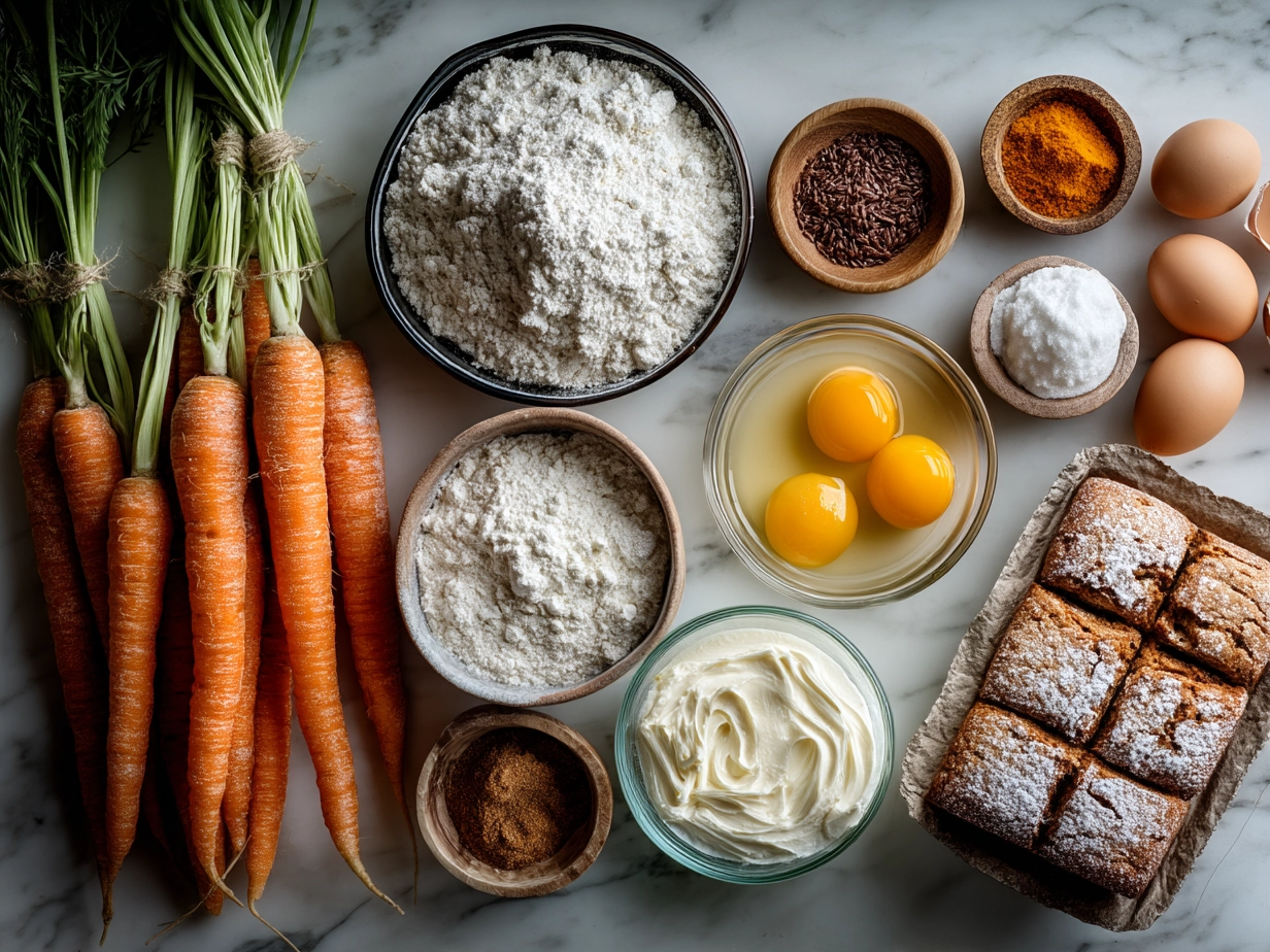 Ingredients for Classic Carrot Cake with Cream Cheese Frosting including flour, sugar, eggs, carrots, nuts, and spices