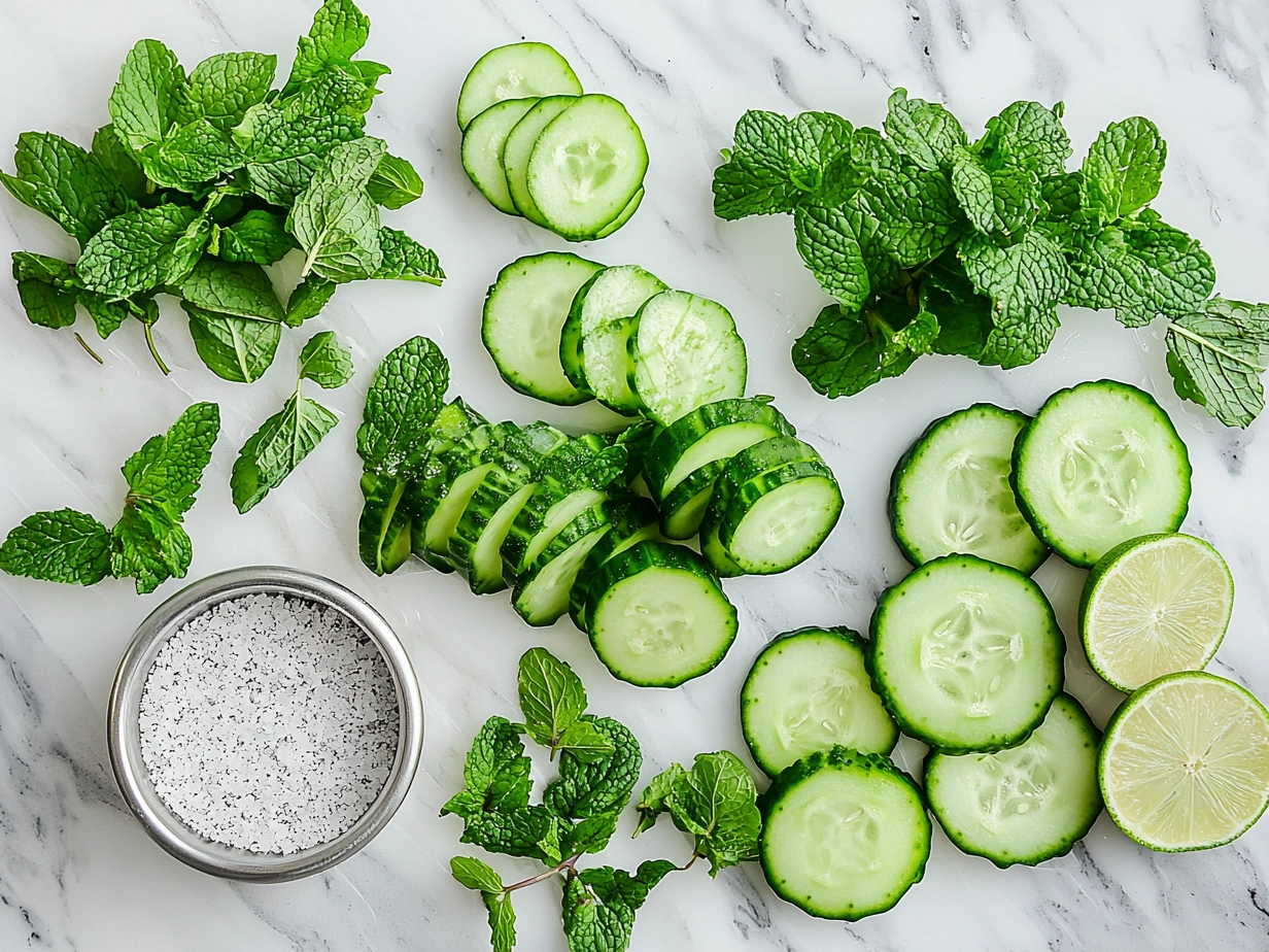 Ingredients for Cucumber Mint Mojito Mocktail including cucumber, mint leaves, lime juice, sugar, sparkling water, ice cubes