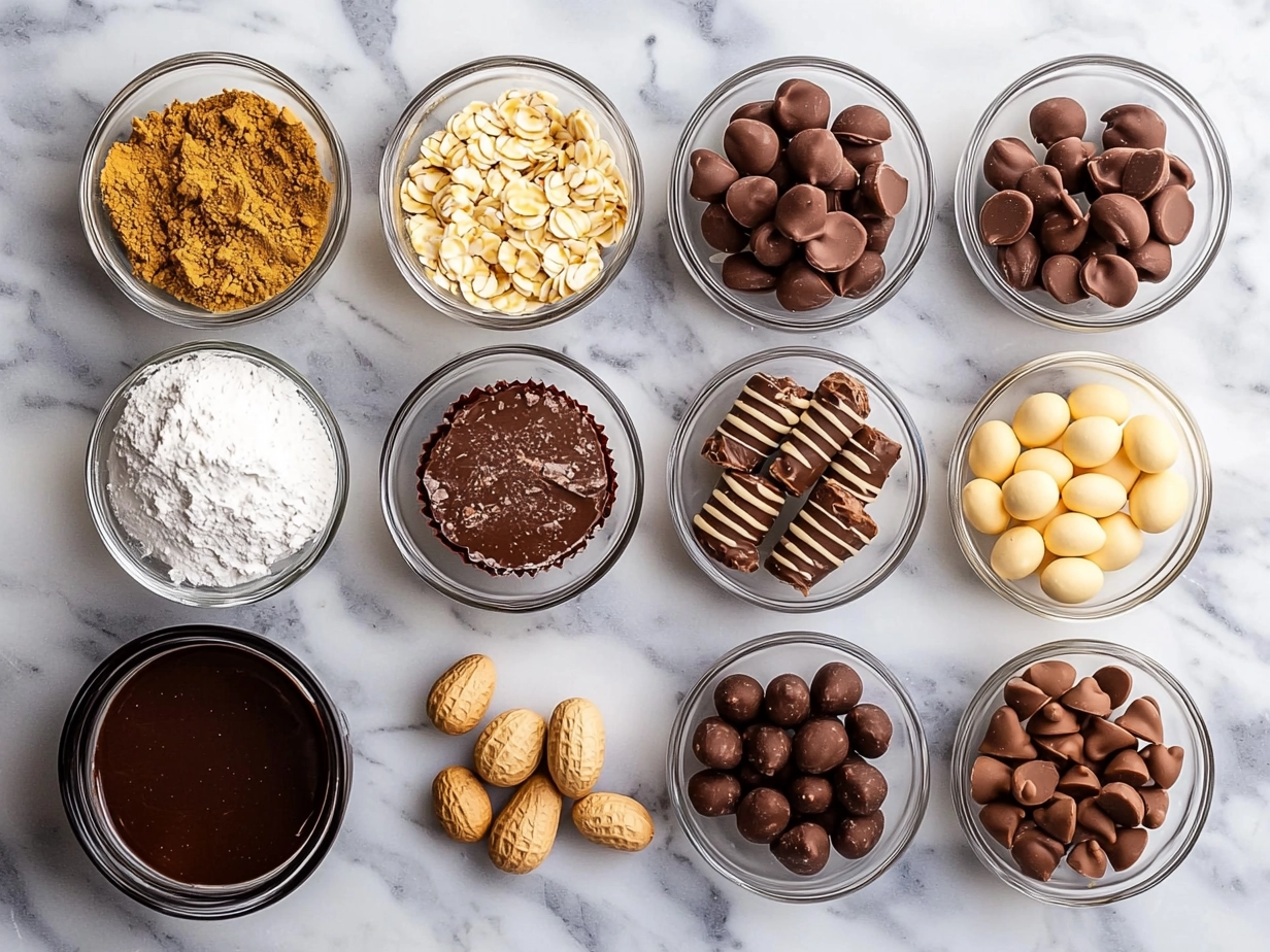 Ingredients for Easter Bunny Peanut Butter Cups including peanut butter, butter, powdered sugar, vanilla, and chocolate chips
