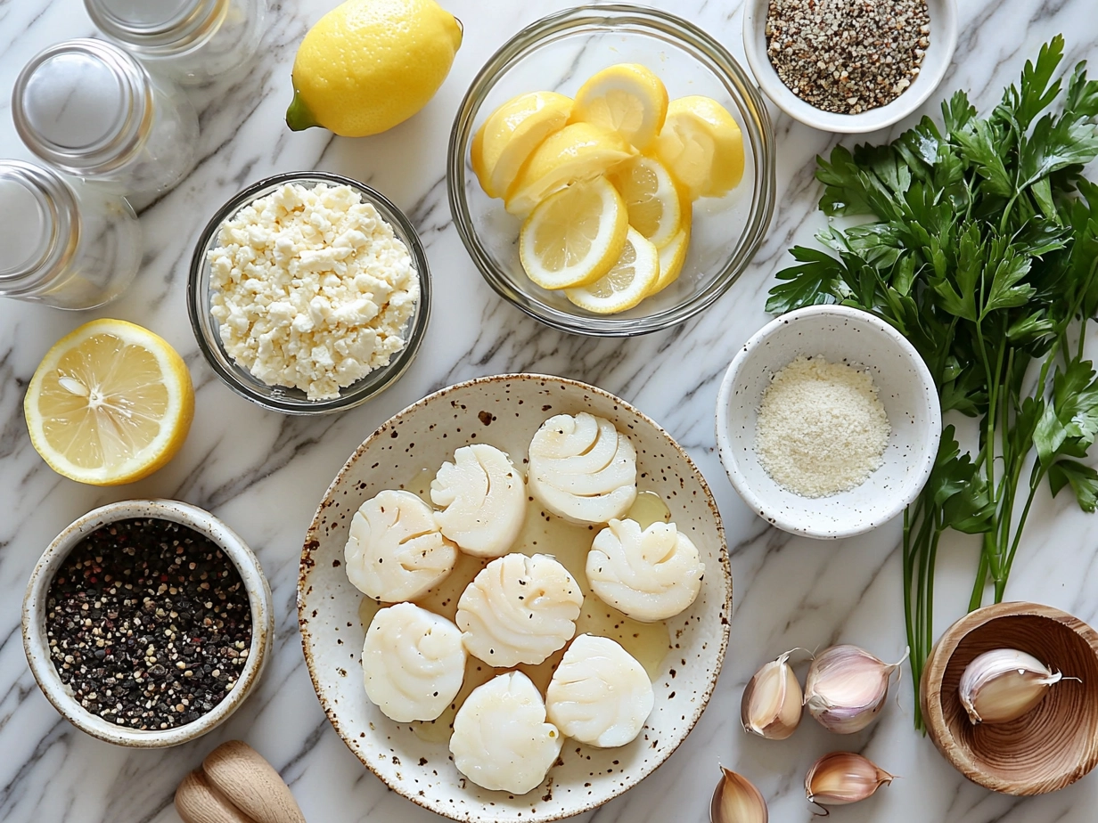Ingredients for Lemon Butter Scallops including scallops, lemon, butter, garlic, and parsley