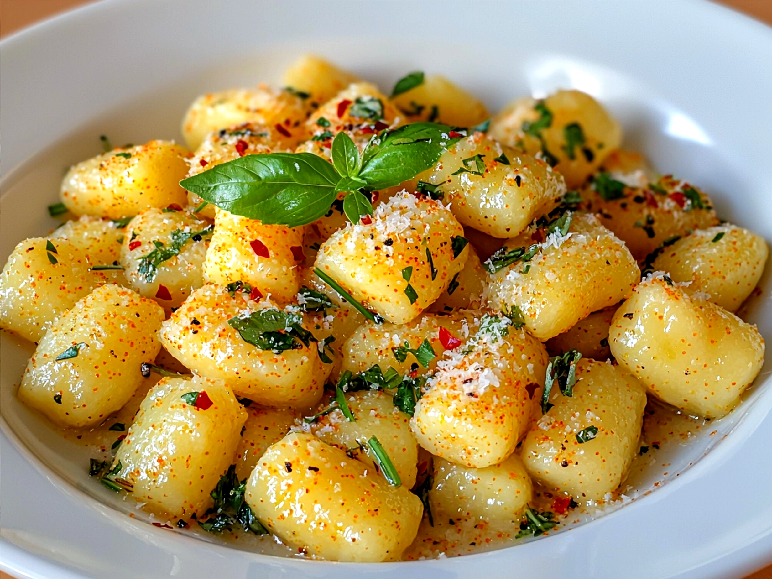 Plated serving of Spring Lemon Herb Gnocchi garnished with fresh herbs and Parmesan