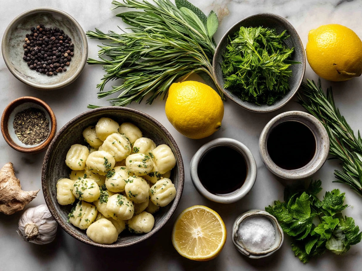 Ingredients for Spring Lemon Herb Gnocchi including potatoes, flour, herbs, lemon, and butter