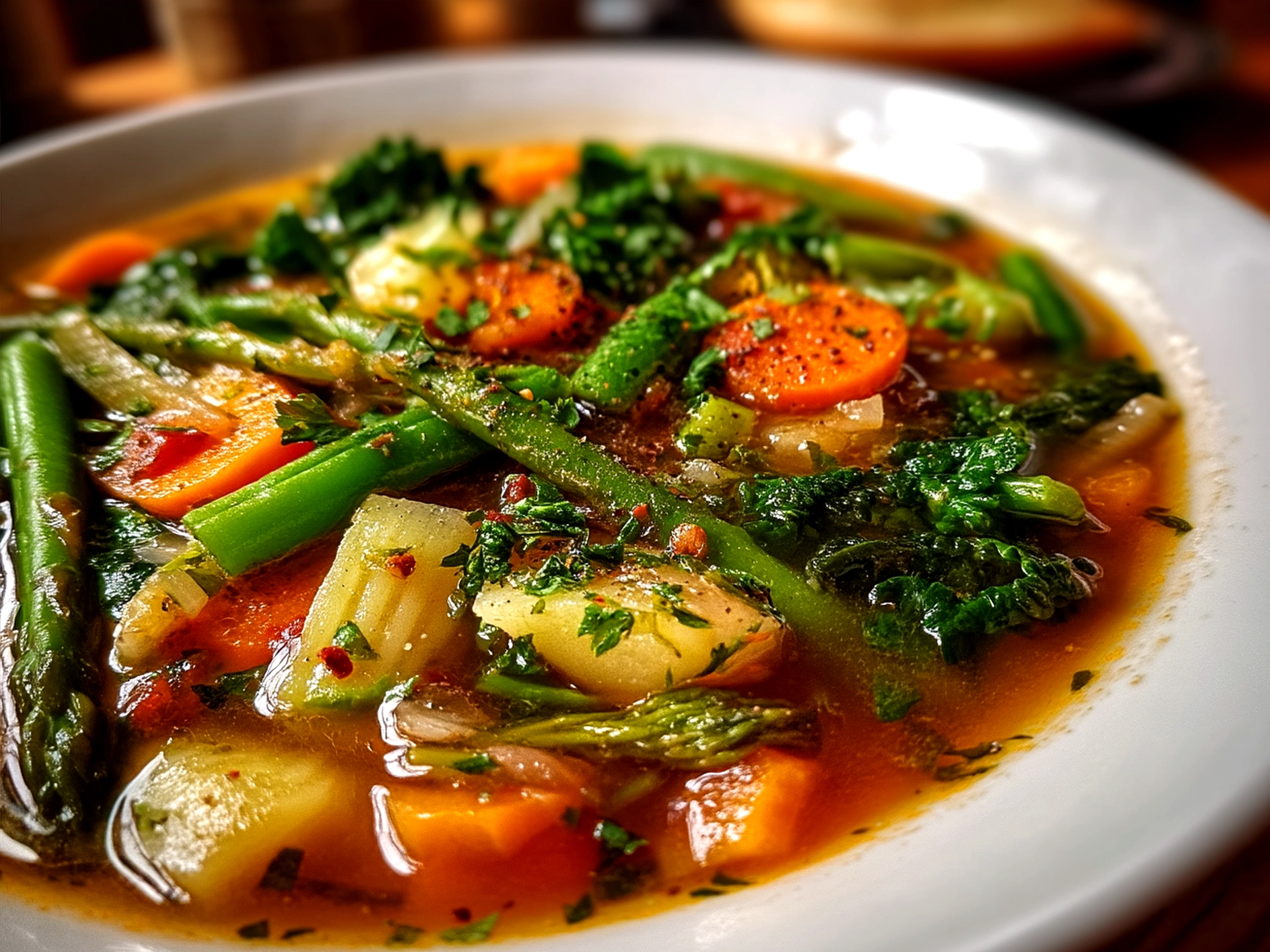 Bowl of vibrant Spring Minestrone Soup garnished and ready to serve