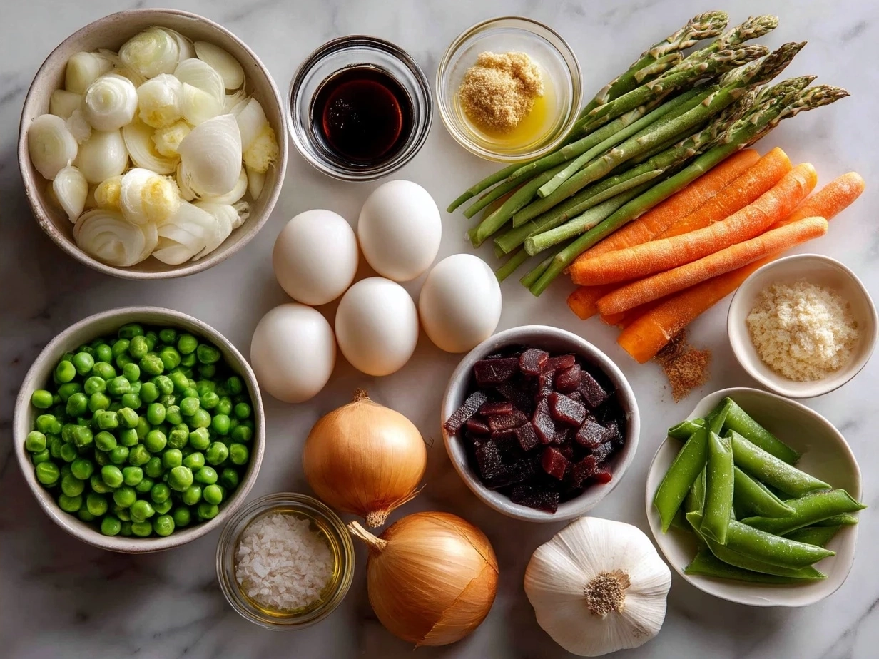 Fresh and colorful ingredients for Spring Minestrone Soup with vegetables and herbs