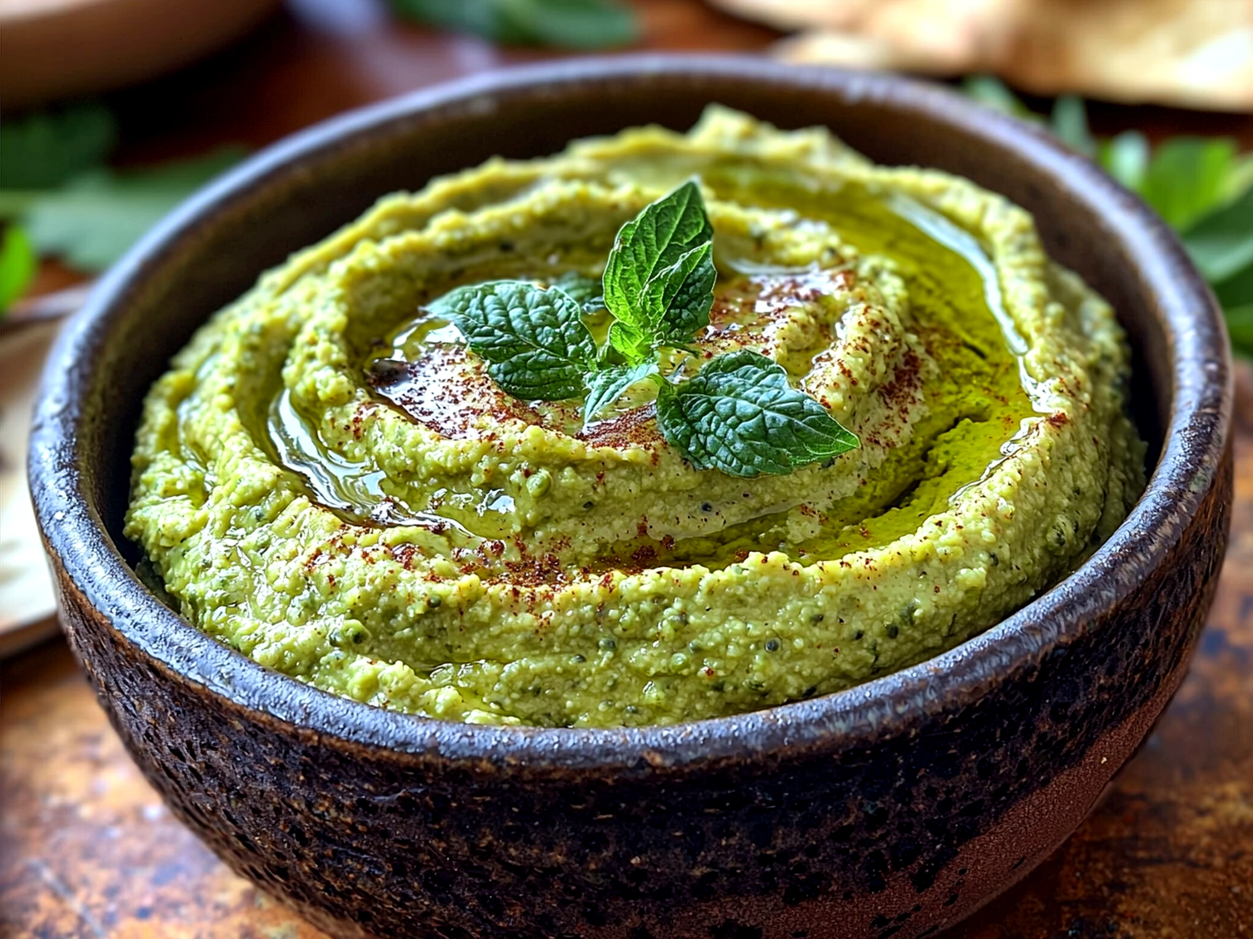 Spring Pea Hummus served with colorful vegetable crudites of carrots, cucumbers, and bell peppers on a rustic table