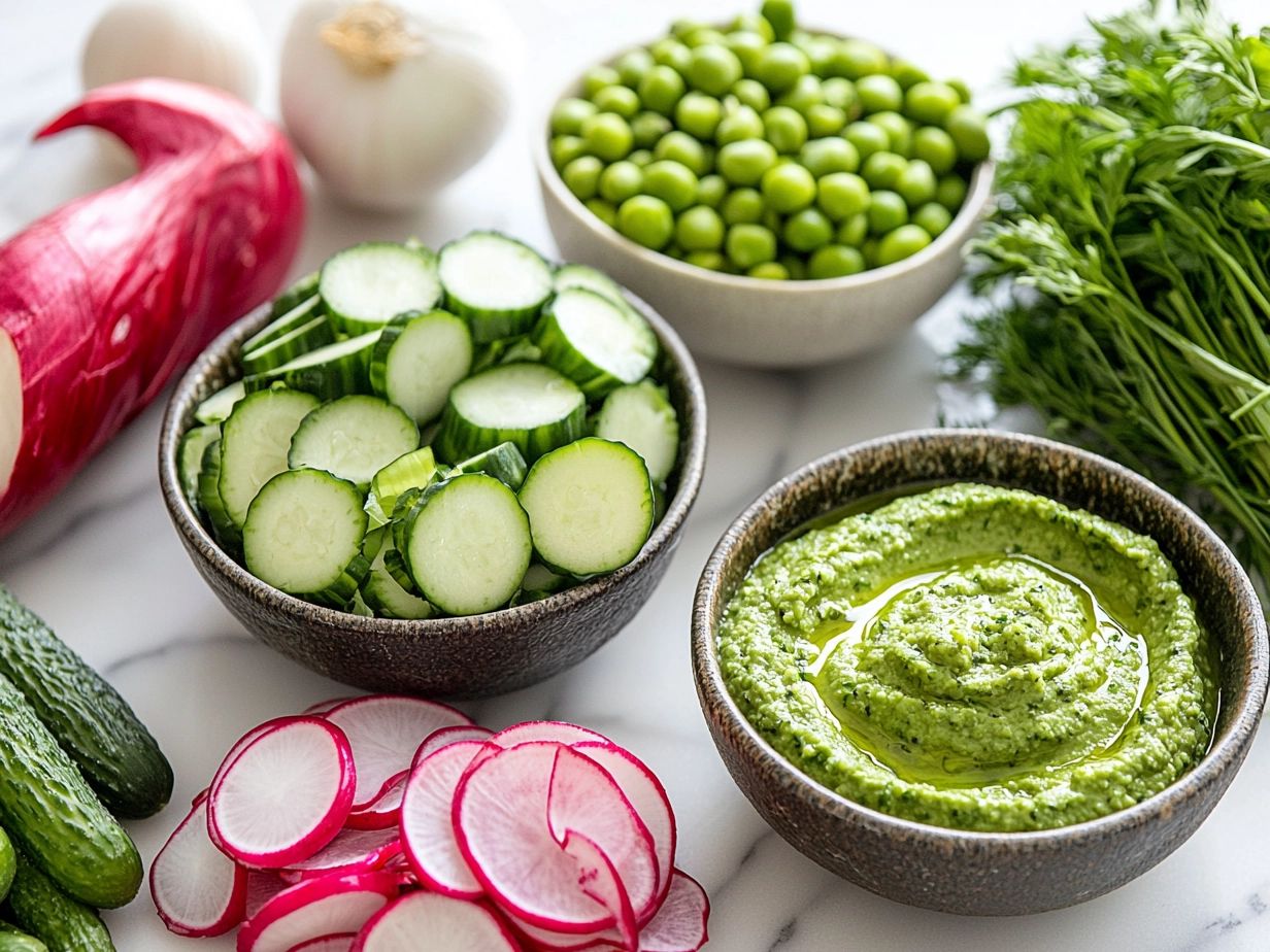 Ingredients for Spring Pea Hummus with Crudites on a wooden table with fresh peas, chickpeas, lemon, garlic, and spices