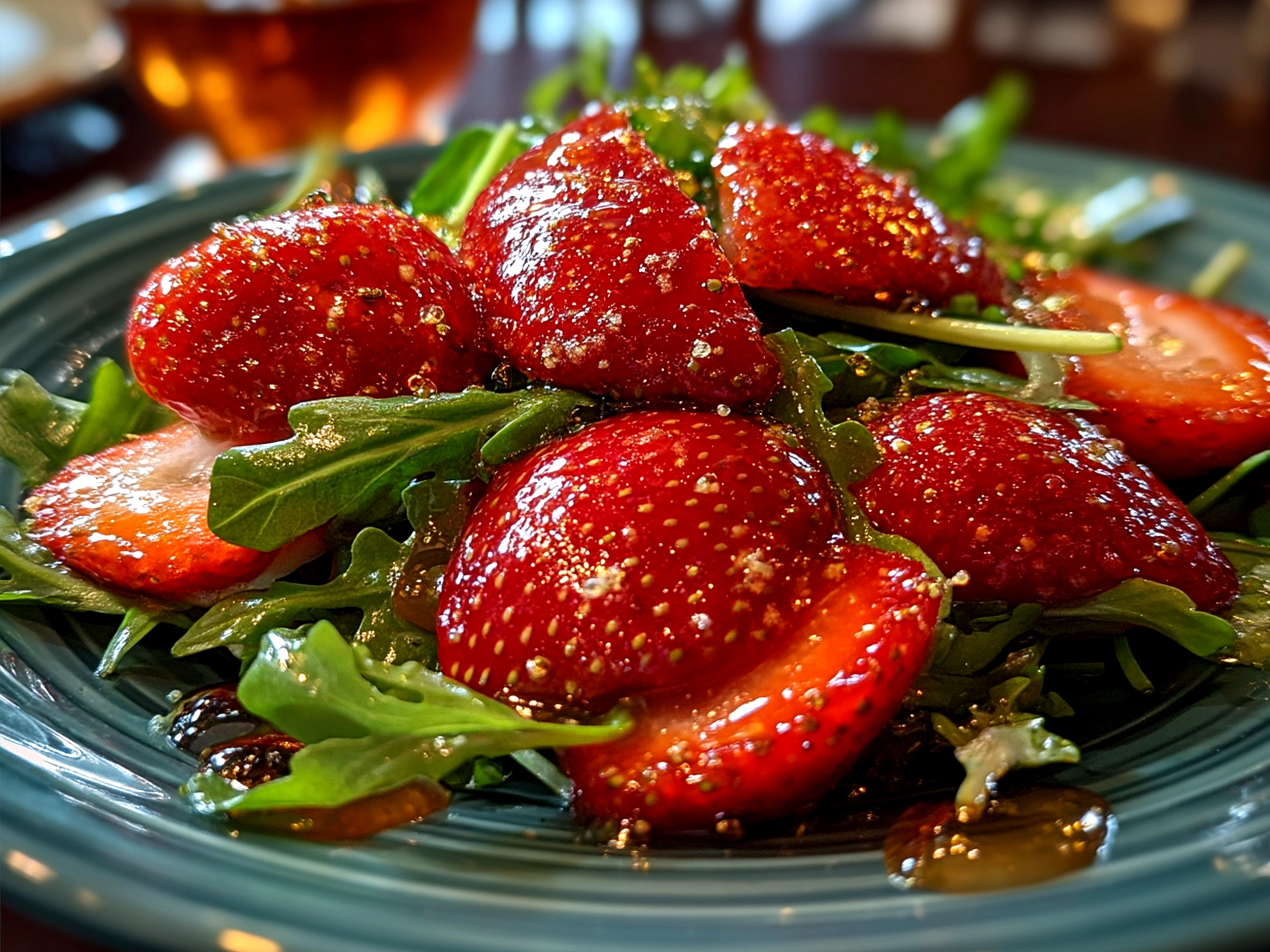 Beautifully presented Spring Strawberry Arugula Salad with nuts and vinaigrette on a wide shallow bowl