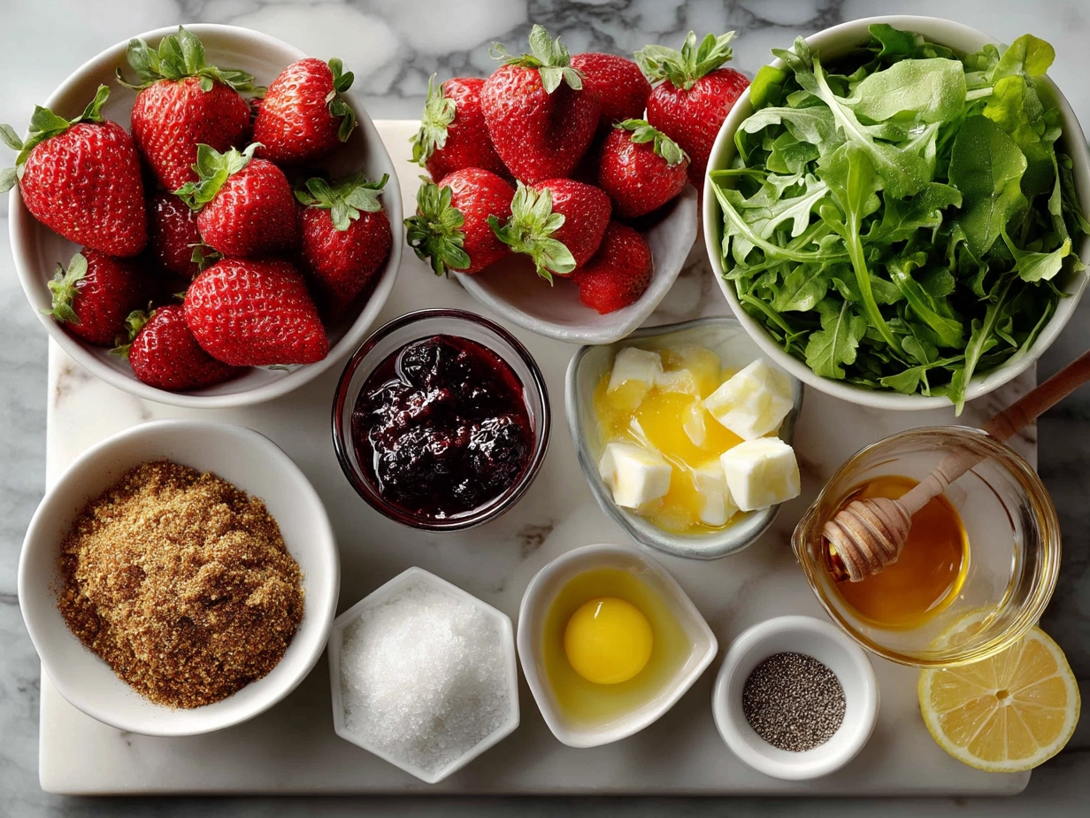 Ingredients arranged for Spring Strawberry Arugula Salad including arugula, strawberries, red onion, feta, pecans, and vinaigrette components