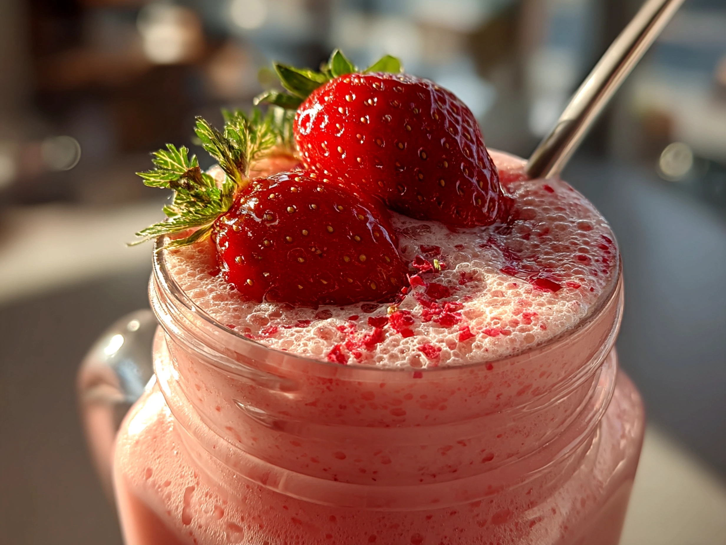 A refreshing serving of Strawberry Banana Protein Smoothie with colorful straws