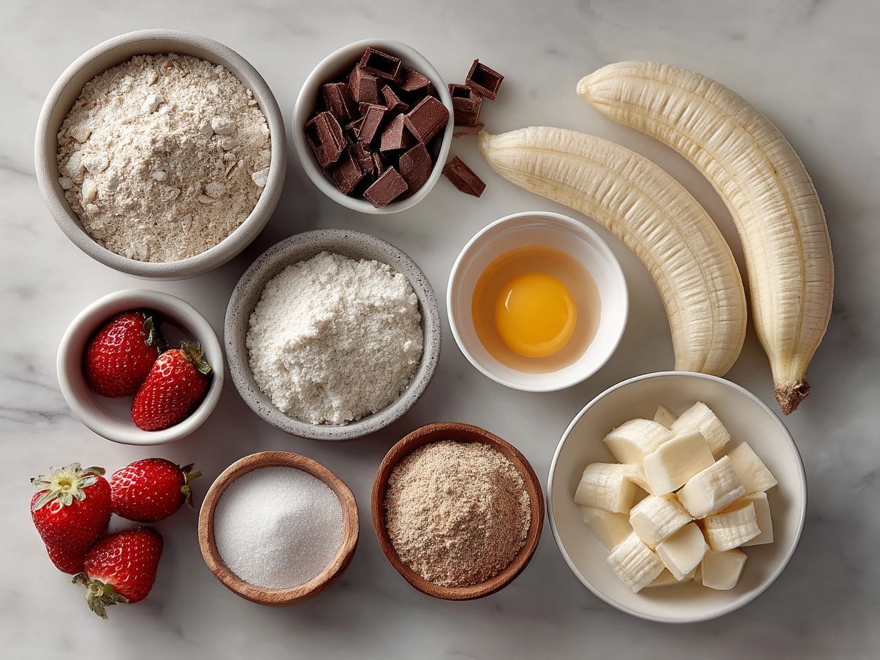 Ingredients for Strawberry Banana Protein Smoothie including frozen strawberries, banana, milk, protein powder, Greek yogurt, honey, spinach, and ice cubes
