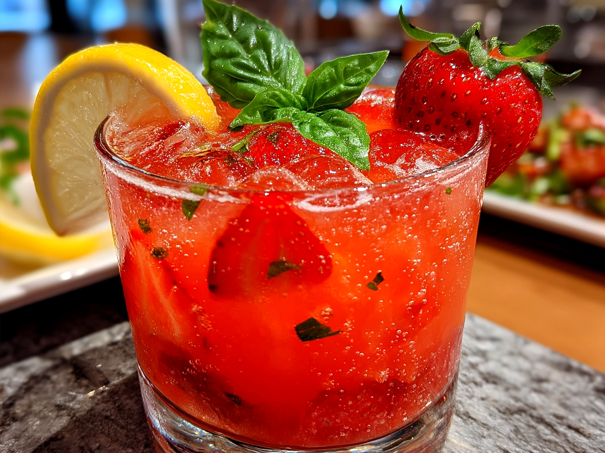 A glass of freshly made strawberry basil lemonade garnished with lemon and basil