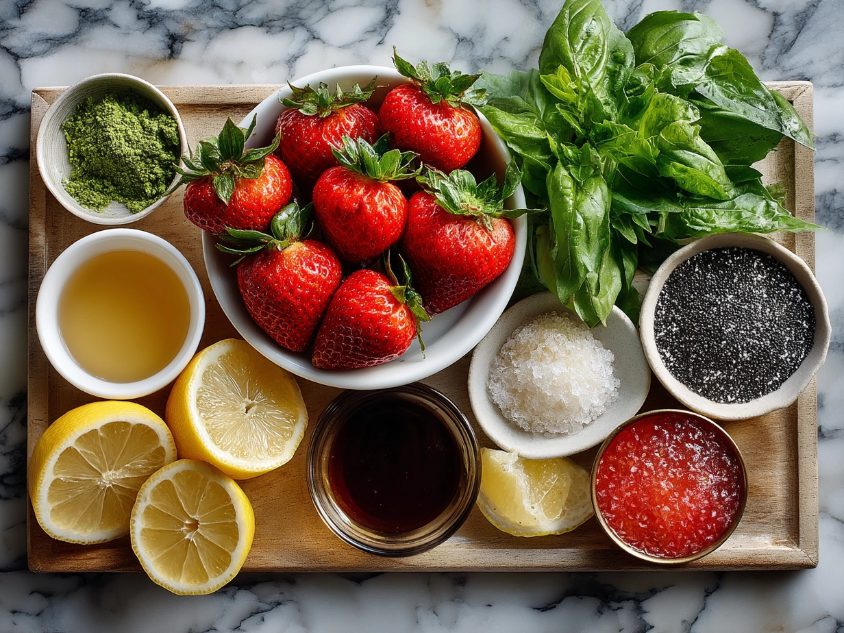 Fresh ingredients for strawberry basil lemonade including strawberries, basil, lemons, and sugar