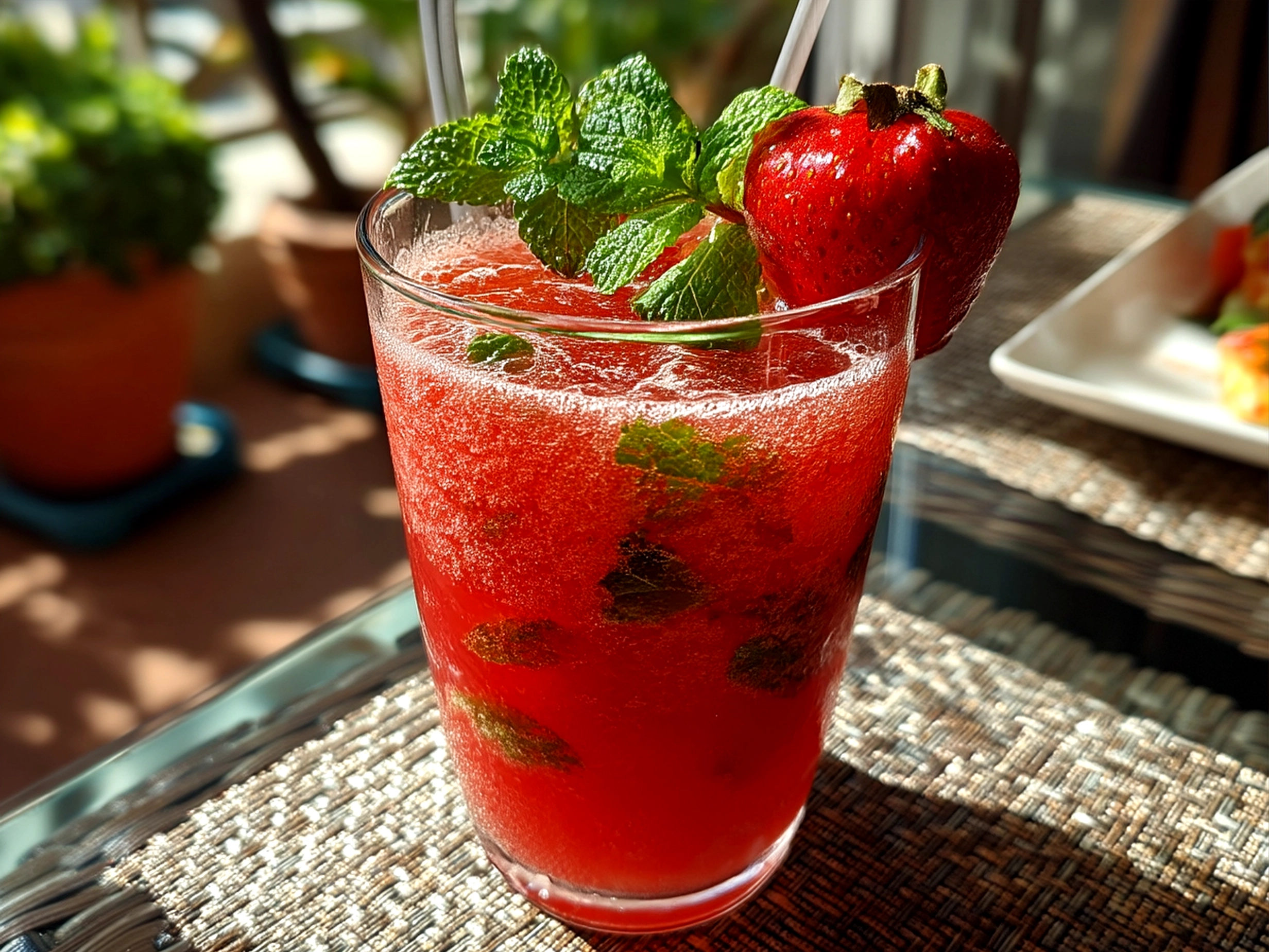 Strawberry Mint Agua Fresca served in tall clear glasses garnished with mint and strawberry slices