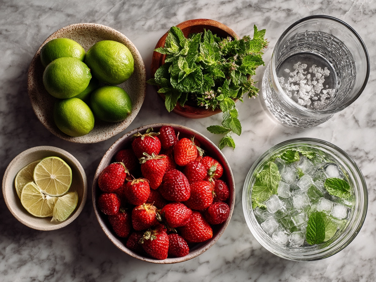 Ingredients for Strawberry Mint Agua Fresca including fresh strawberries, mint leaves, lime, honey, and water
