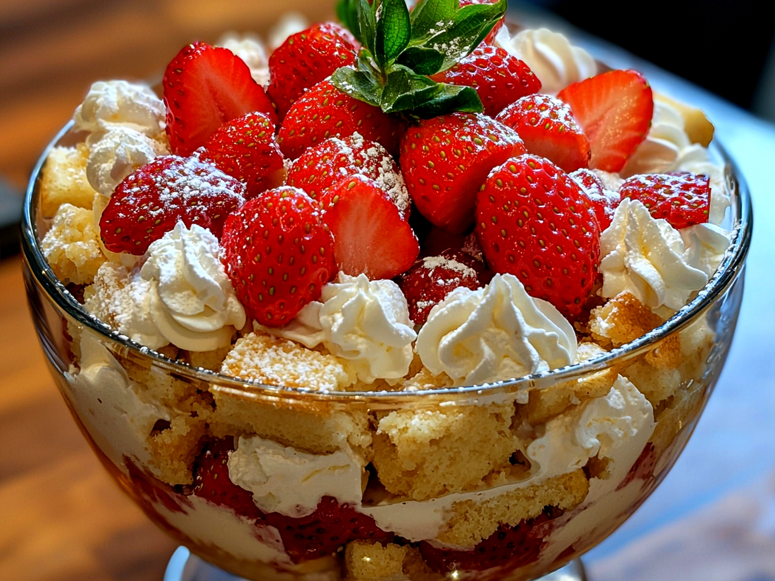 Freshly made Strawberry Shortcake Trifle in a clear glass bowl ready to serve