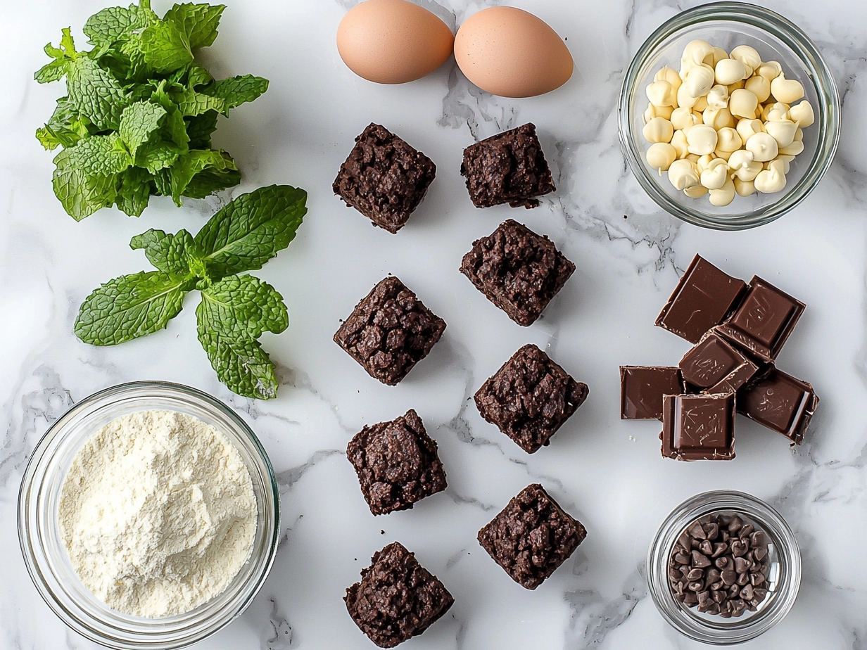 Ingredients for Thin Mint Brownie Bites including butter, sugar, eggs, cocoa powder, flour, baking powder, salt, Thin Mint Girl Scout cookies, and chocolate chips