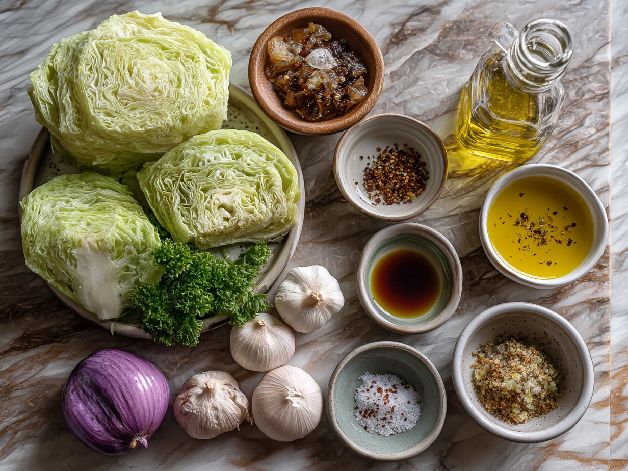 Top down view of raw ingredients for cabbage roll soup arranged on marble