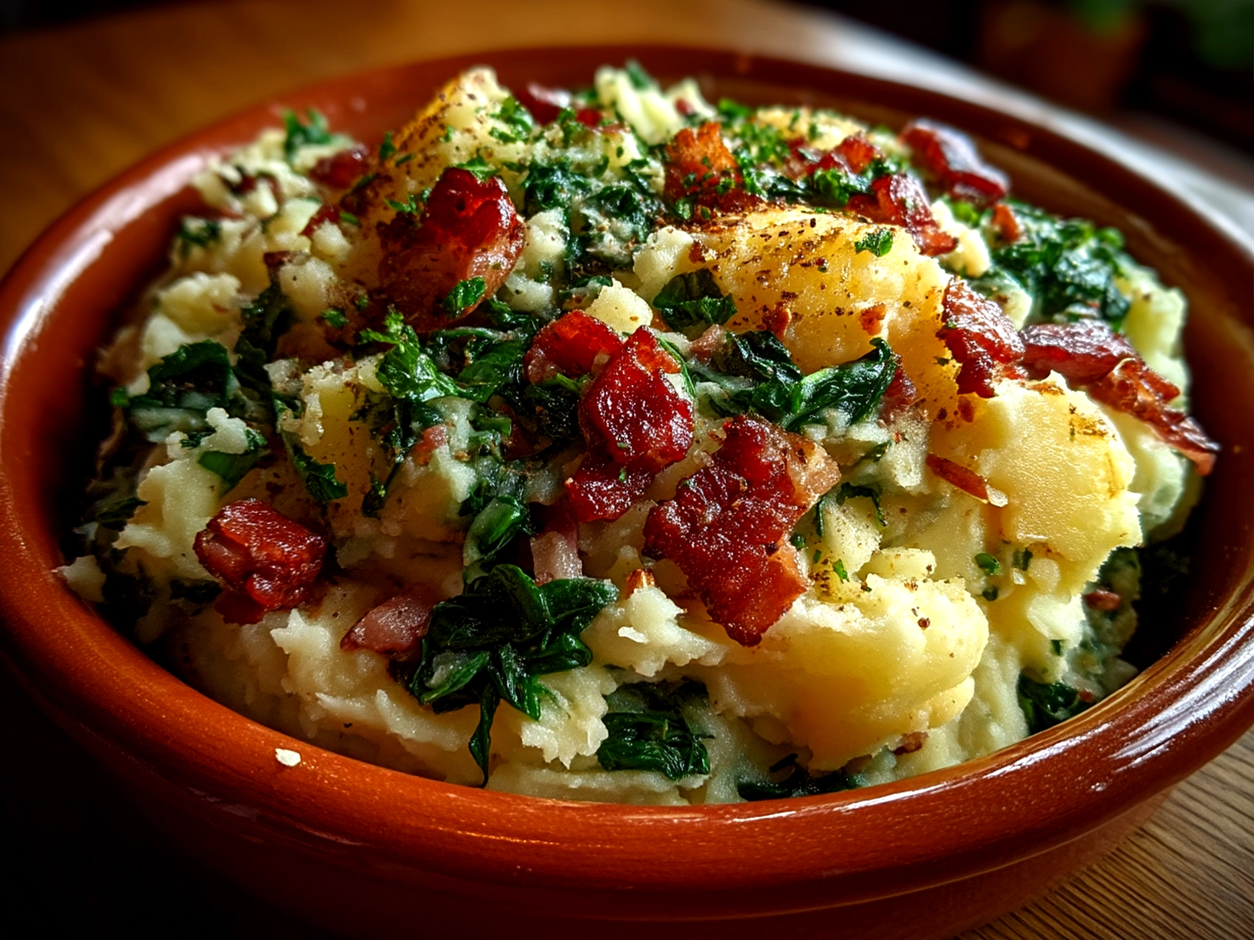 Traditional Irish Colcannon served with melting butter on top in a rustic bowl