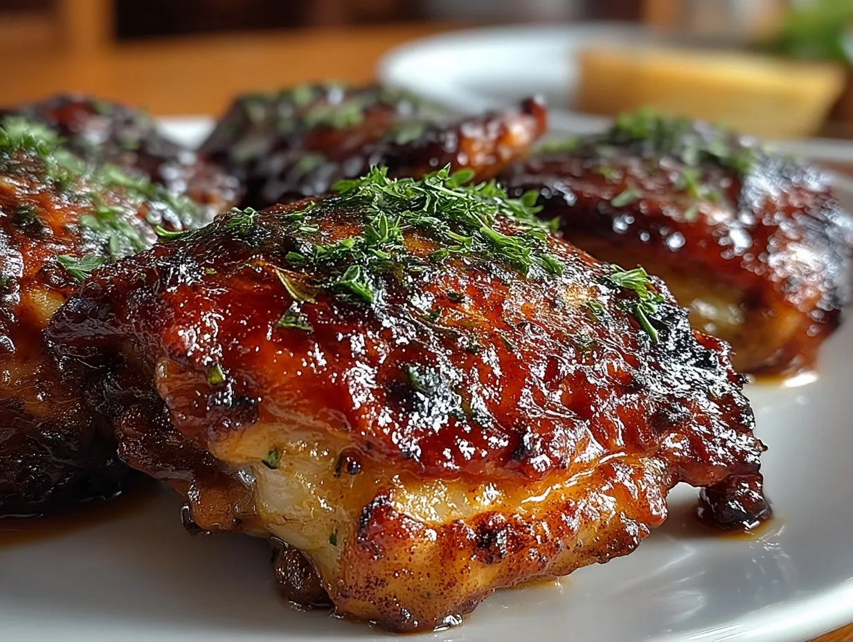 Serving baked BBQ chicken thighs with fresh herbs and sides