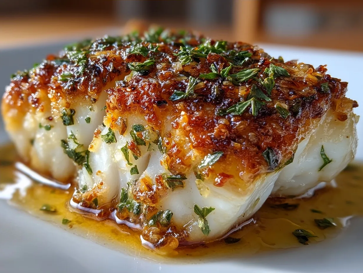 Plated baked cod fillet with roasted vegetables and greens