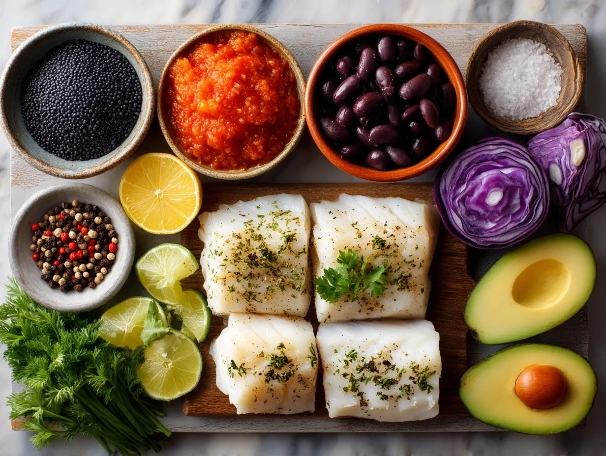 Fresh ingredients for baked cod: cod fillets, lemon, garlic, herbs, and cherry tomatoes