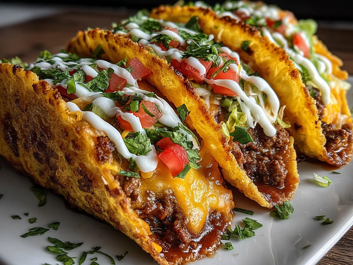 A plate of crispy baked tacos garnished with fresh toppings ready to be served