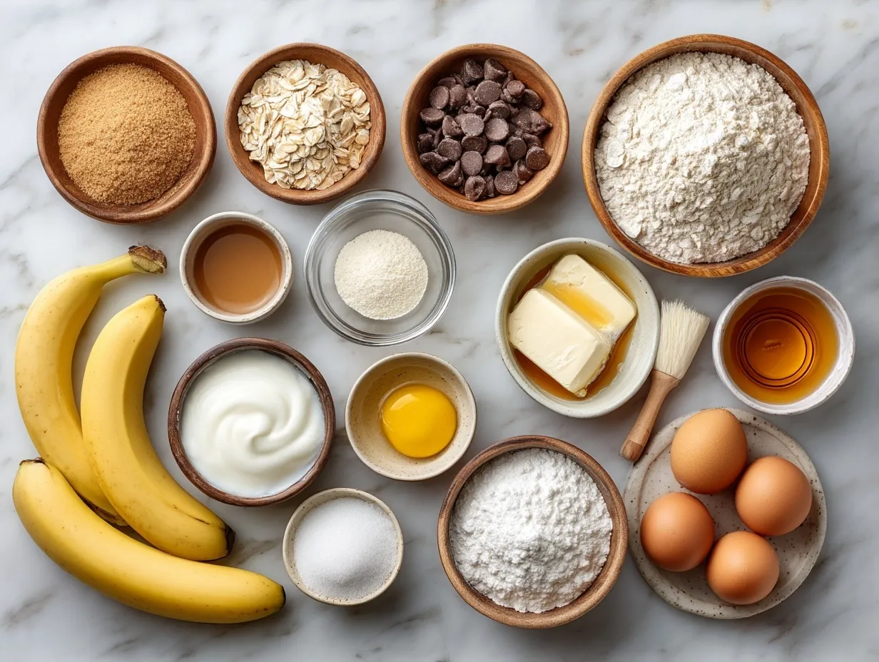 Ingredients for banana bread including bananas, butter, sugar, eggs, flour, baking soda, and optional spices and nuts