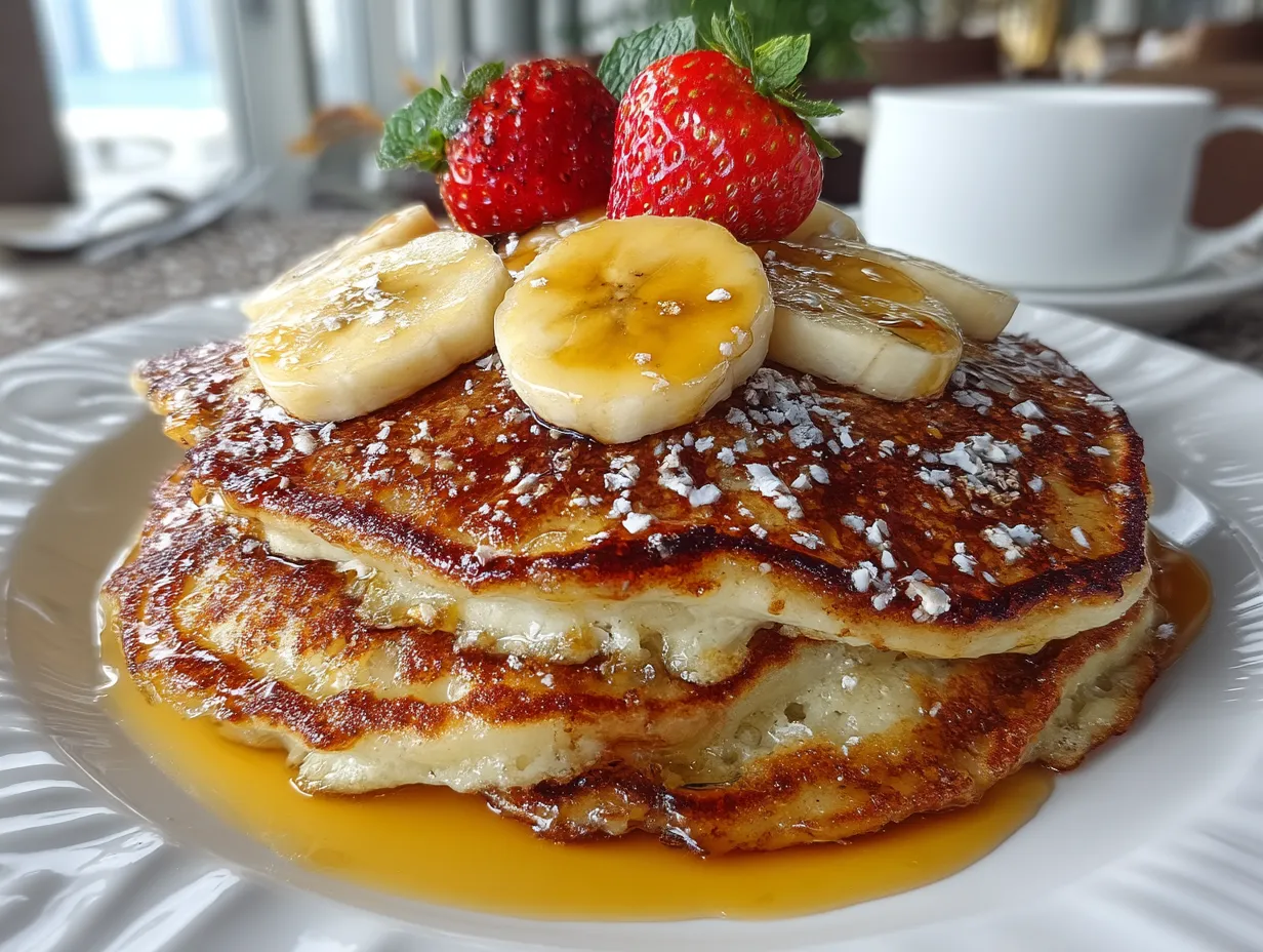 A stack of banana pancakes topped with butter and maple syrup, served on a white plate