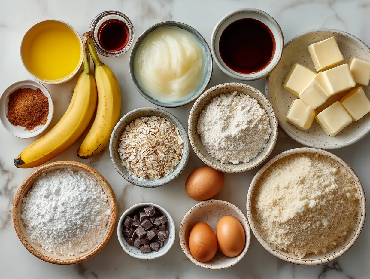 Ingredients for banana pancakes: ripe bananas, flour, baking powder, baking soda, salt, sugar, egg, milk, vanilla, and butter
