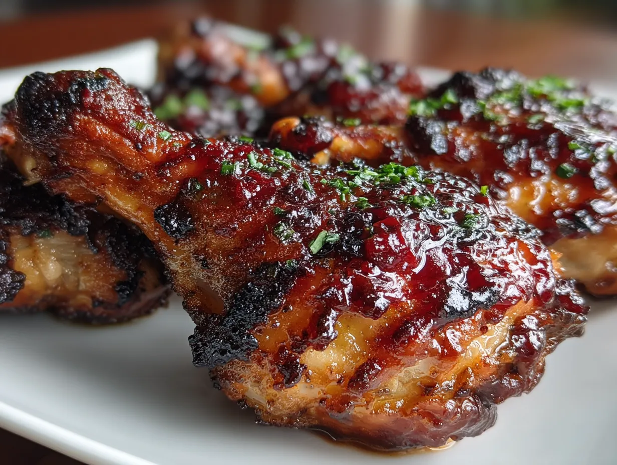 Beautifully served black cherry drumsticks on a rustic wooden platter garnished with rosemary