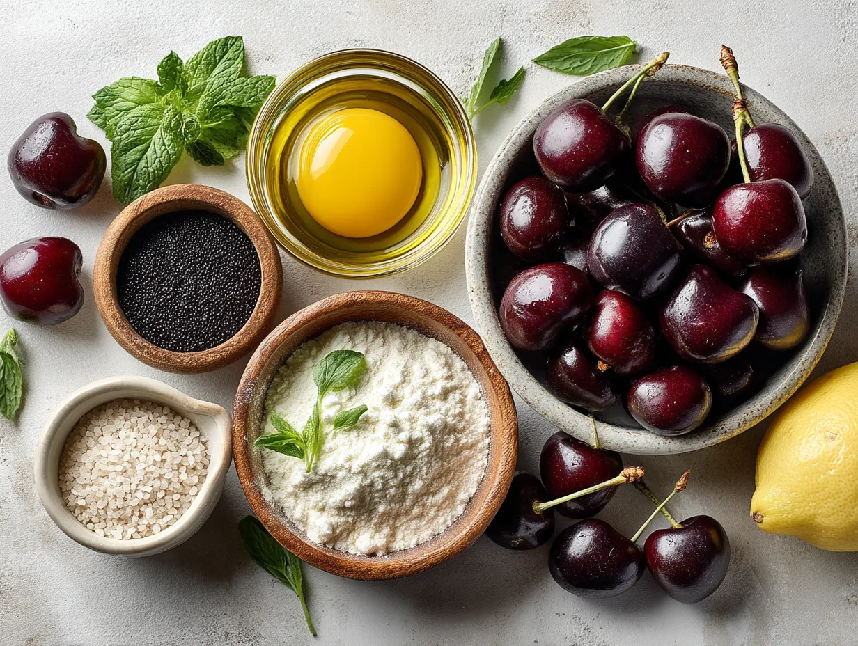 Ingredients laid out for making black cherry drumsticks, including chicken drumsticks, black cherry preserves, ketchup, vinegar, garlic, and spices