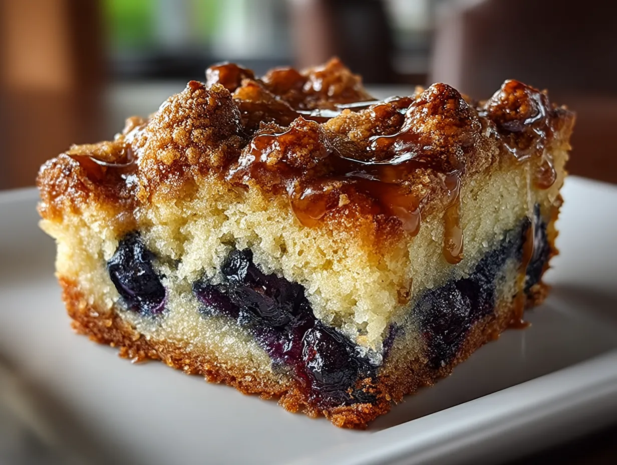 Slice of blueberry buckle served with ice cream on rustic plate