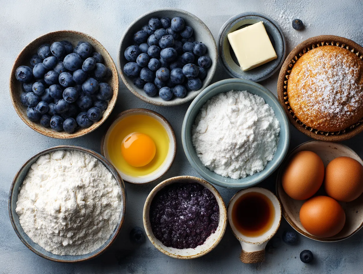 Ingredients for making classic blueberry buckle with fresh blueberries, flour, butter, and eggs