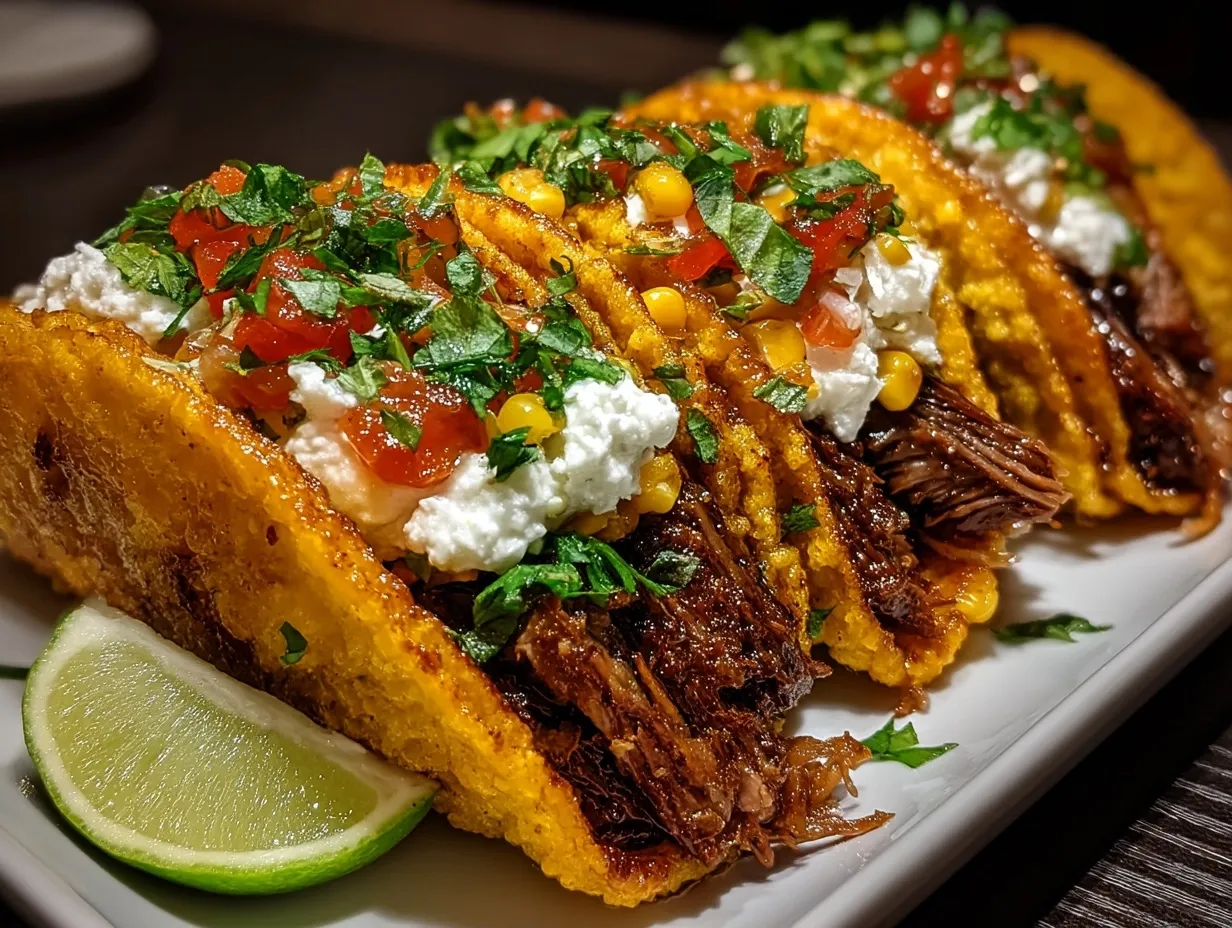 Brisket Elote Tacos served on rustic wooden board with lime and cilantro garnishes