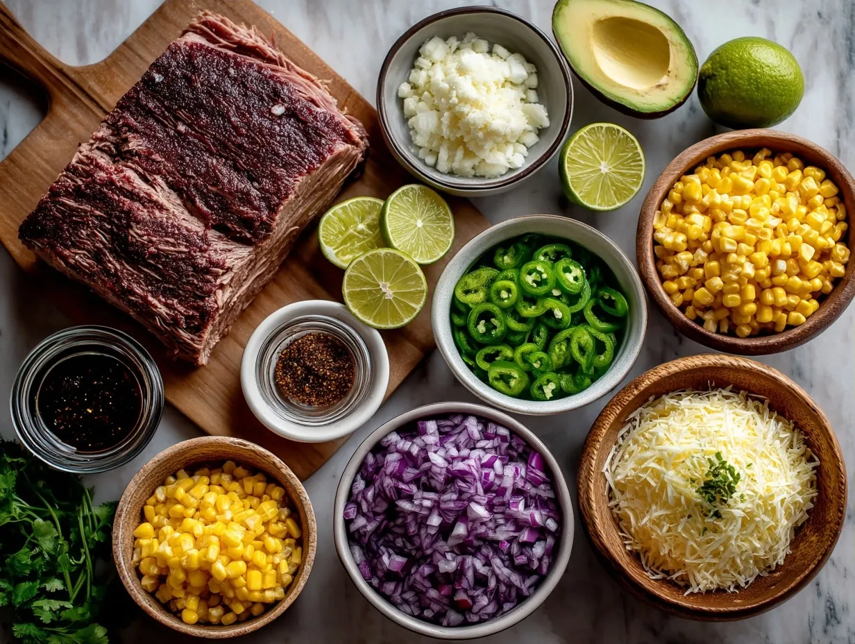 Ingredients for Brisket Elote Tacos including beef brisket, corn, cheese, spices, and tortillas