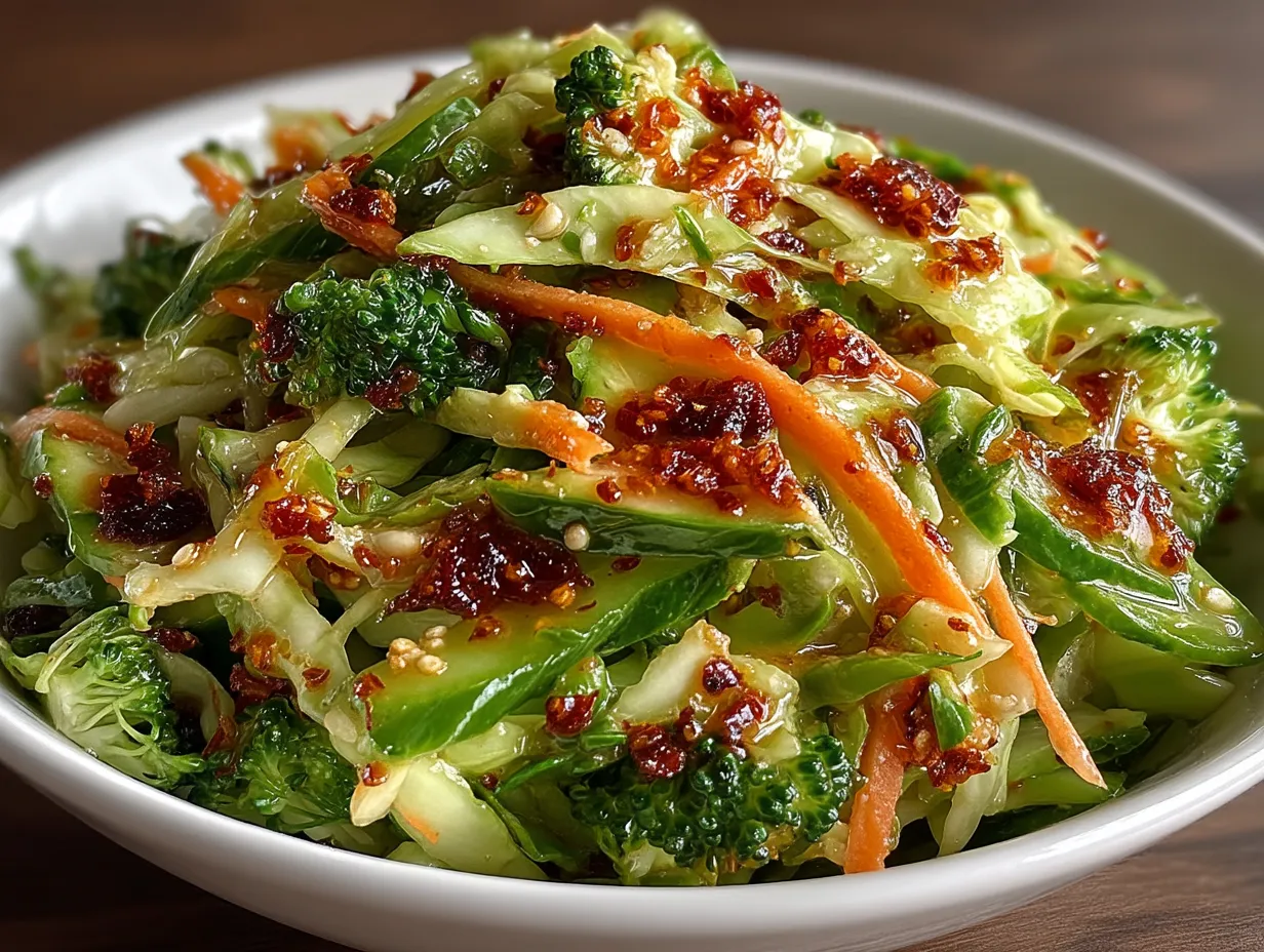 Bright and colorful serving bowl of broccoli slaw with nuts garnish
