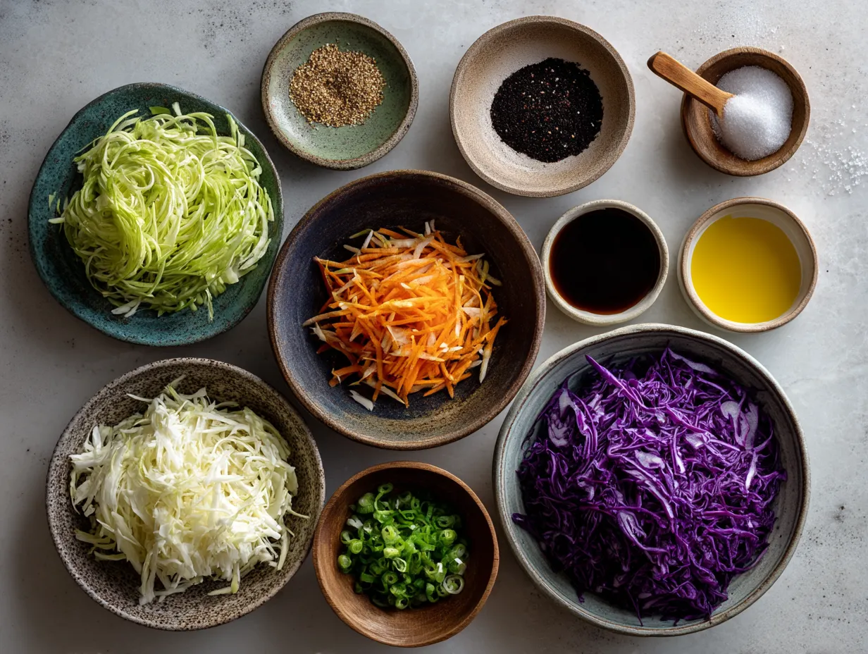 Ingredients for fresh broccoli slaw, including shredded broccoli stems, carrots, red cabbage, and green onions